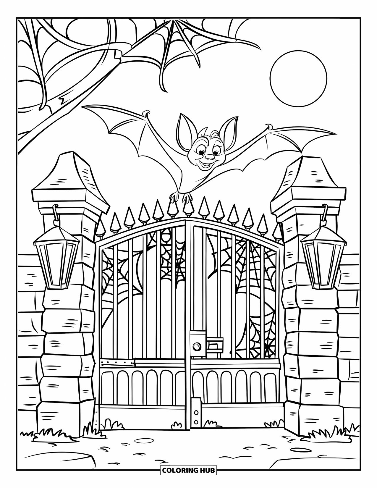 Fledermaus Ausmalbild für Kinder: Eine Fledermaus fliegt über ein gotisches Tor mit Eisenspitzen und leuchtenden Laternen