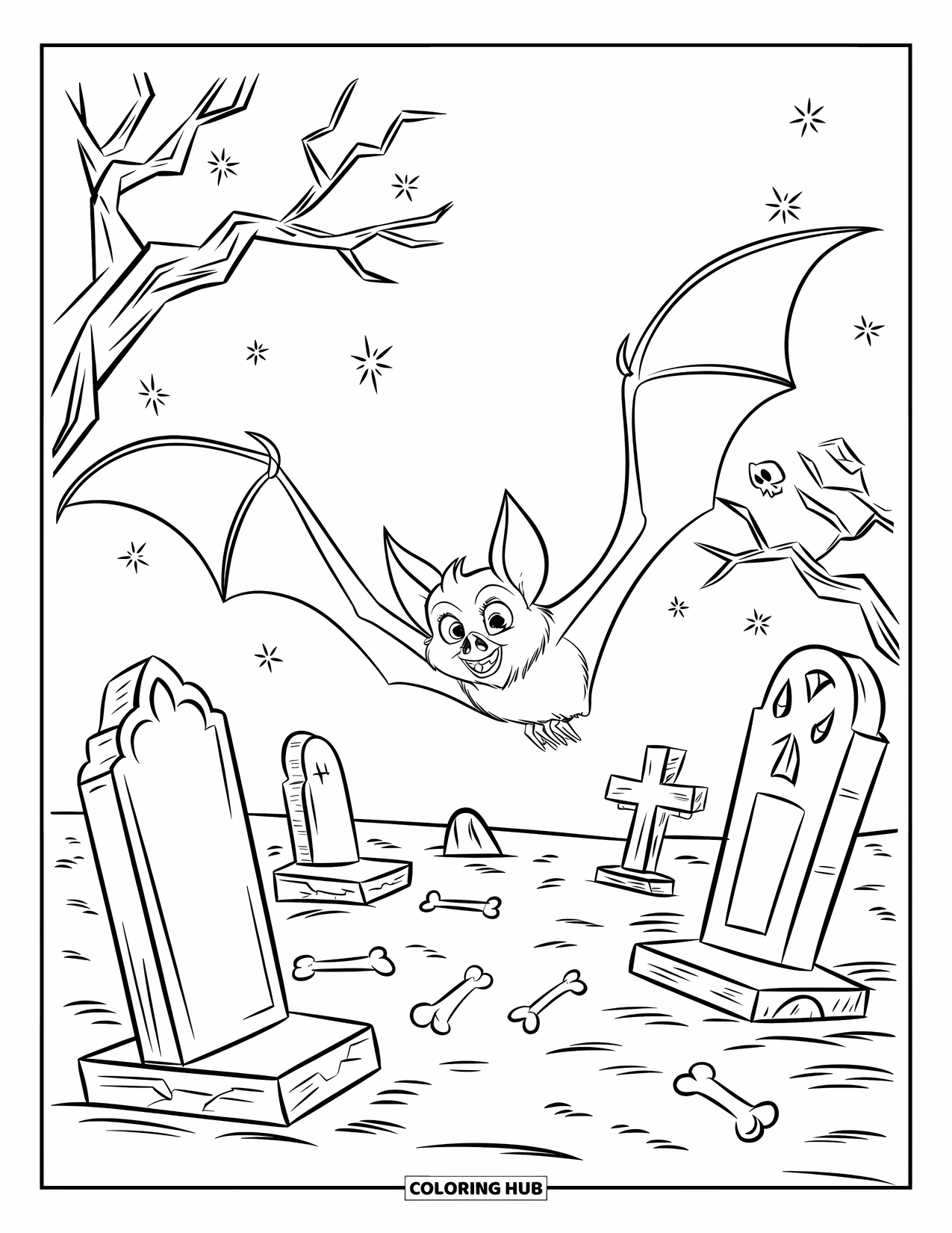 Fledermaus Ausmalbild für Kinder: Eine Fledermaus fliegt über einen Friedhof mit schiefen Grabsteinen und skelettartigen Bäumen