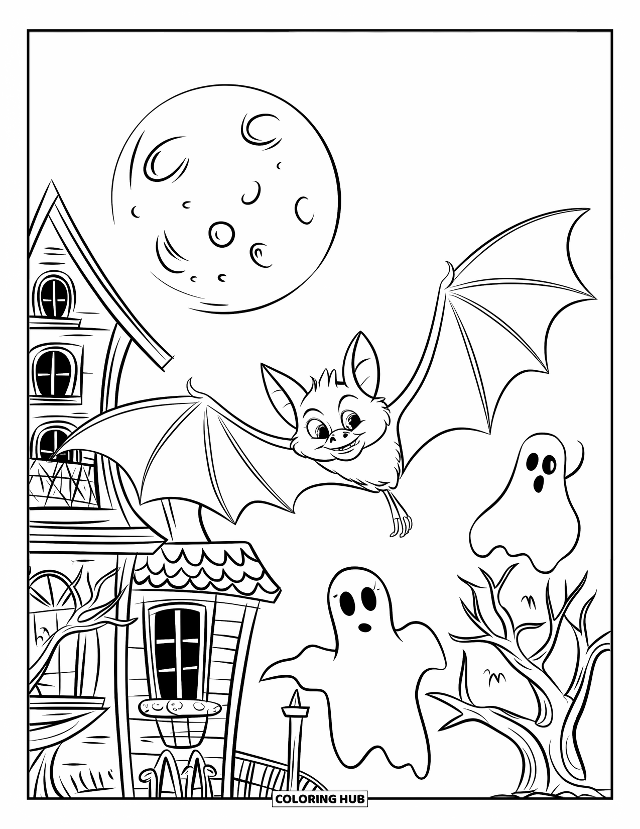 Fledermaus Ausmalbild für Kinder: Eine Fledermaus fliegt über ein Spukhaus mit schiefen Fenstern und geisterhaften Formen