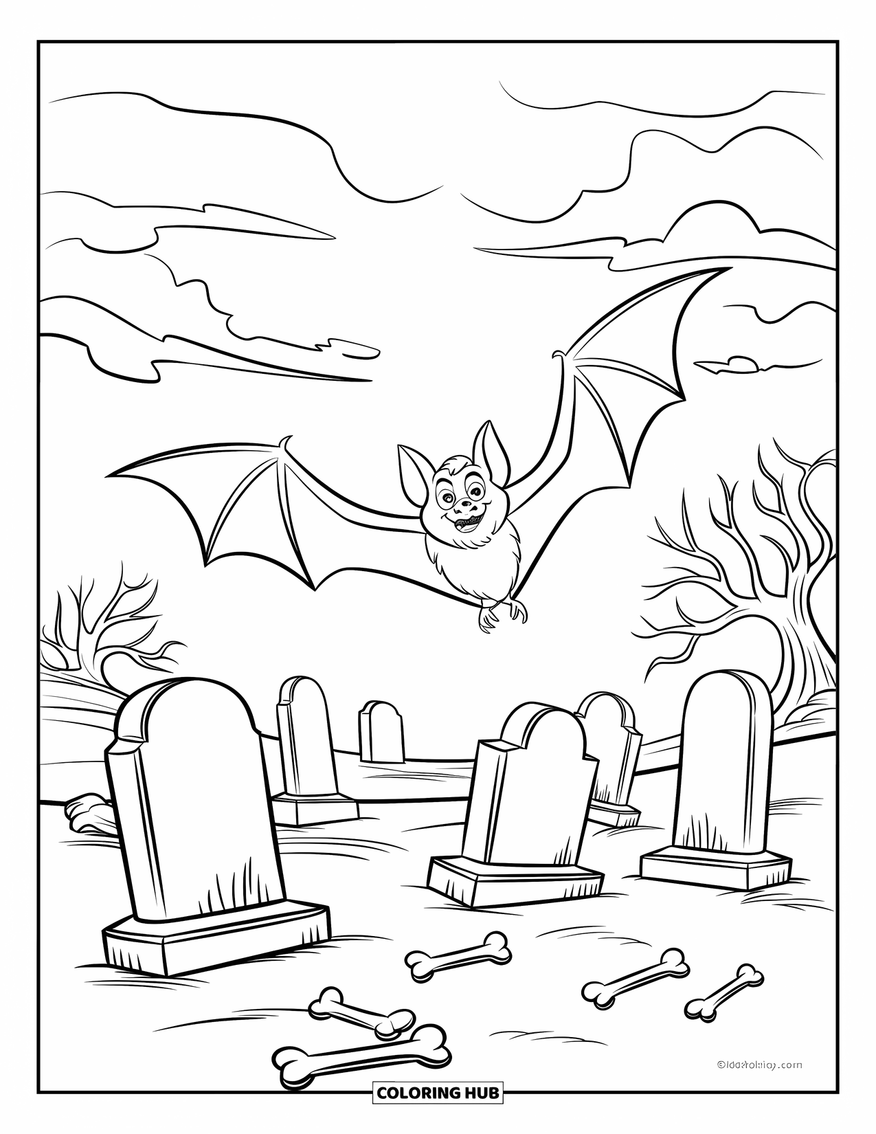 Fledermaus Ausmalbild für Kinder: Eine Fledermaus fliegt unter bewölktem Himmel an Grabsteinen und kahlen Bäumen vorbei