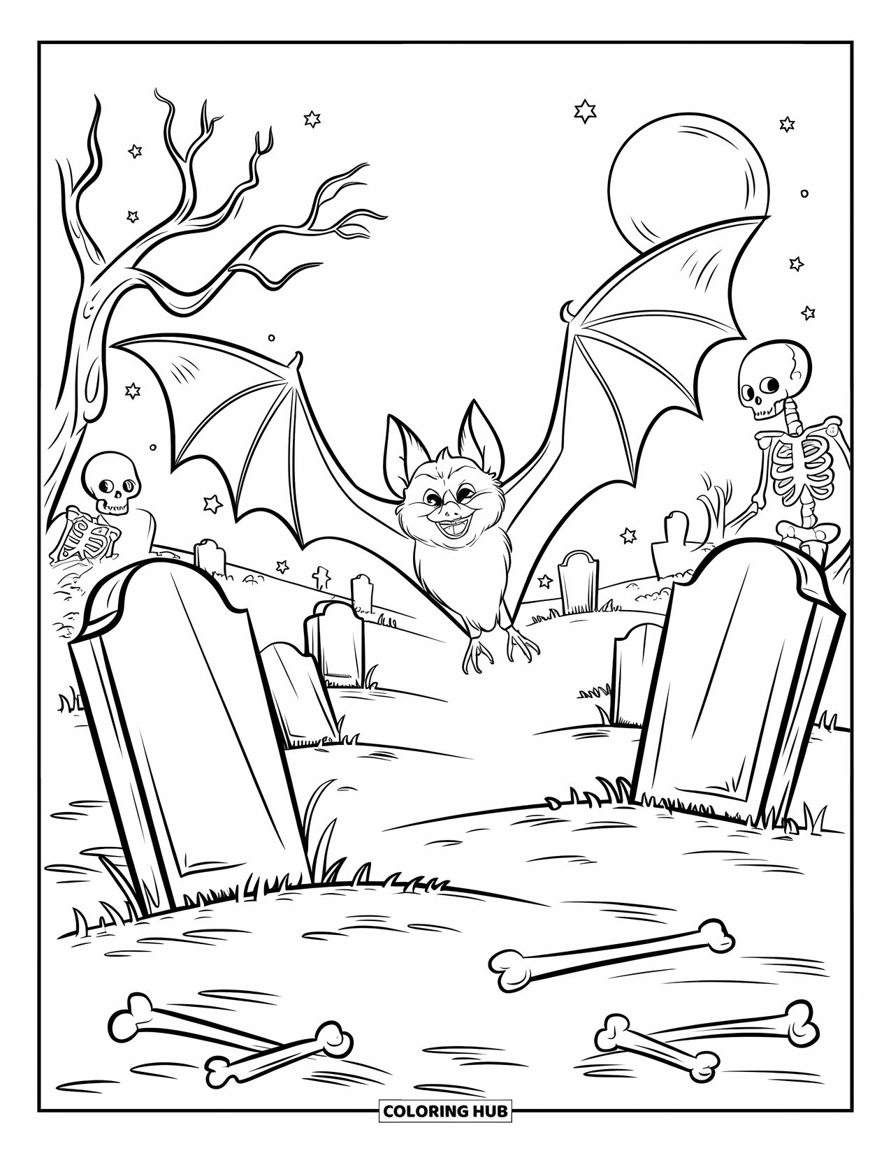 Fledermaus Ausmalbild für Kinder: Eine Fledermaus fliegt über einem Friedhof mit Knochen und toten Bäumen auf den Mond zu