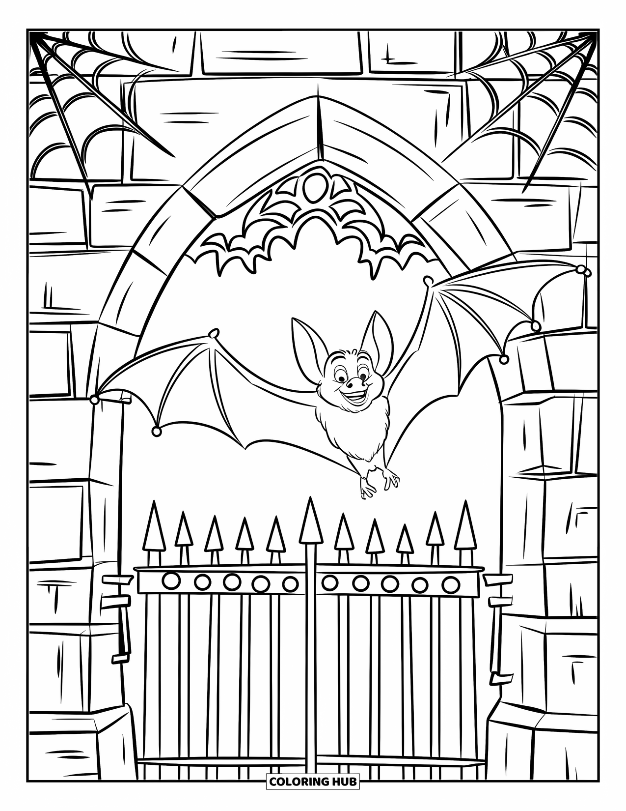 Fledermaus Ausmalbild für Kinder: Eine Fledermaus gleitet über ein gruseliges Tor, das mit Spinnweben und alten Laternen bedeckt ist