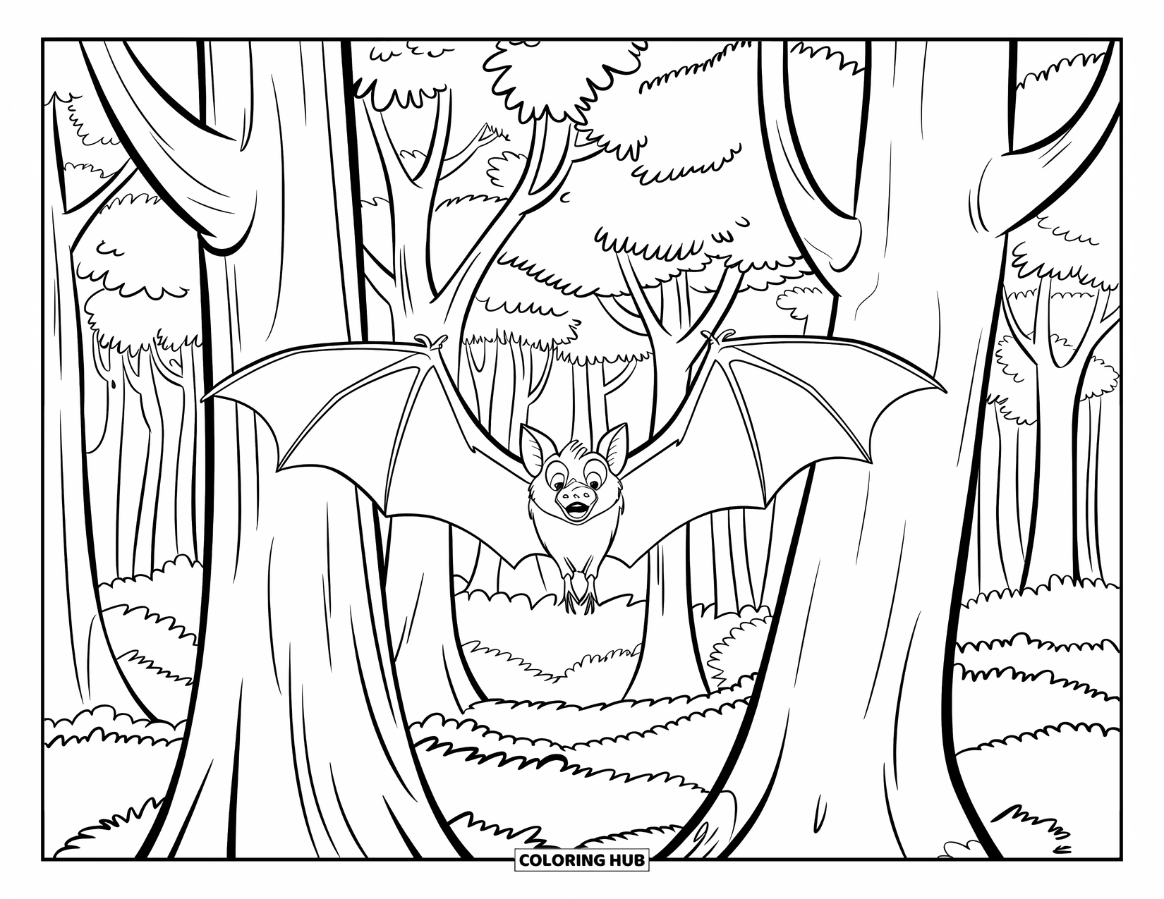 Fledermaus Ausmalbild für Kinder: Eine Fledermaus gleitet zwischen Bäumen vieler Formen in einem belaubten Wald