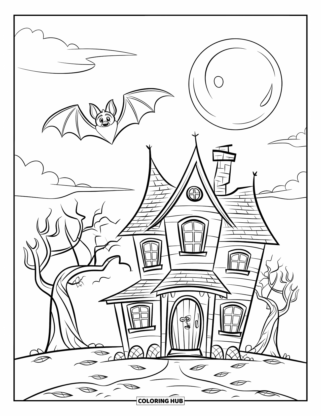 Fledermaus Ausmalbild für Kinder: Eine Fledermaus gleitet über ein Spukhaus, das von blattlosen Bäumen und Wolken umgeben ist