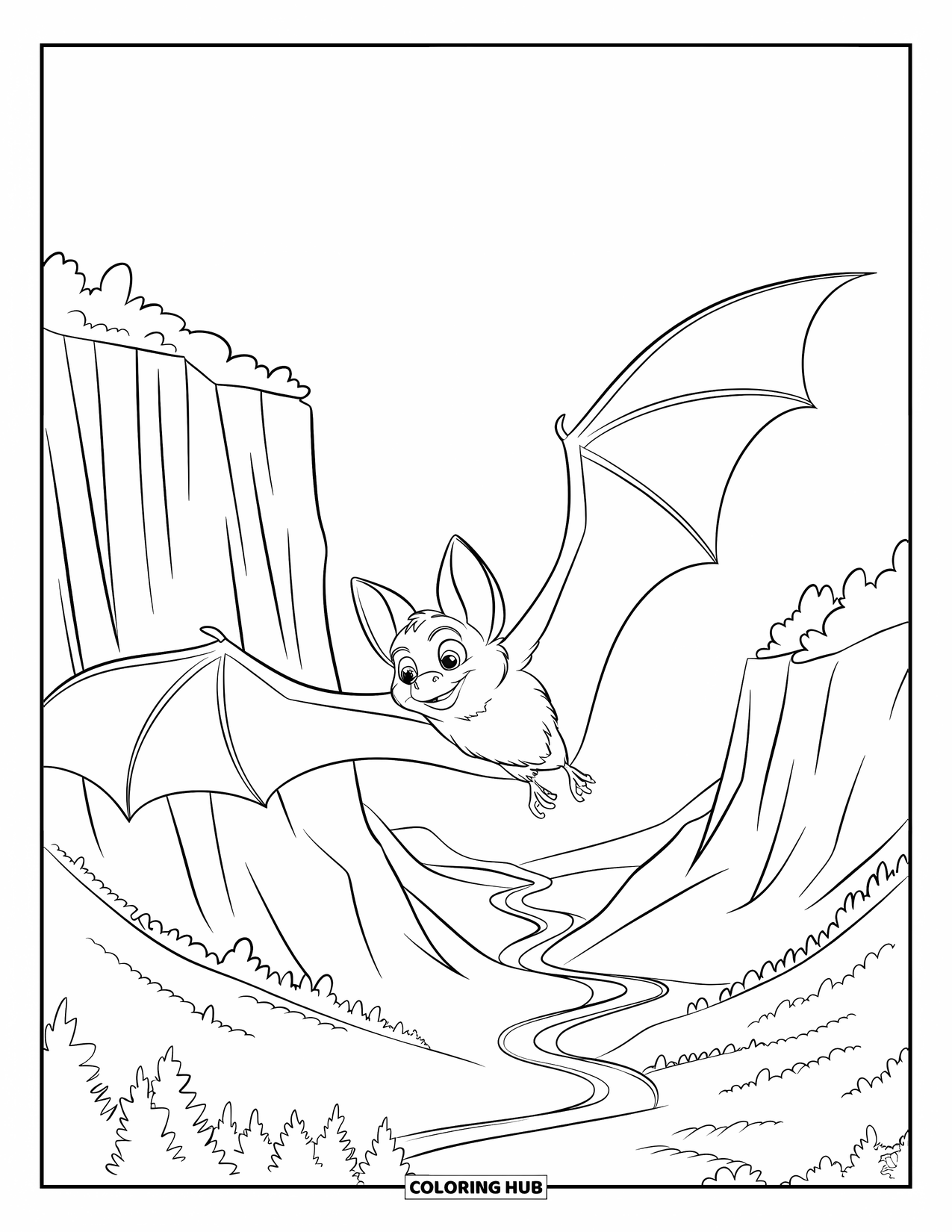 Fledermaus Ausmalbild für Kinder: Eine Fledermaus gleitet an Klippen vorbei über einem friedlichen Tal mit gewundenen Straßen und Bäumen