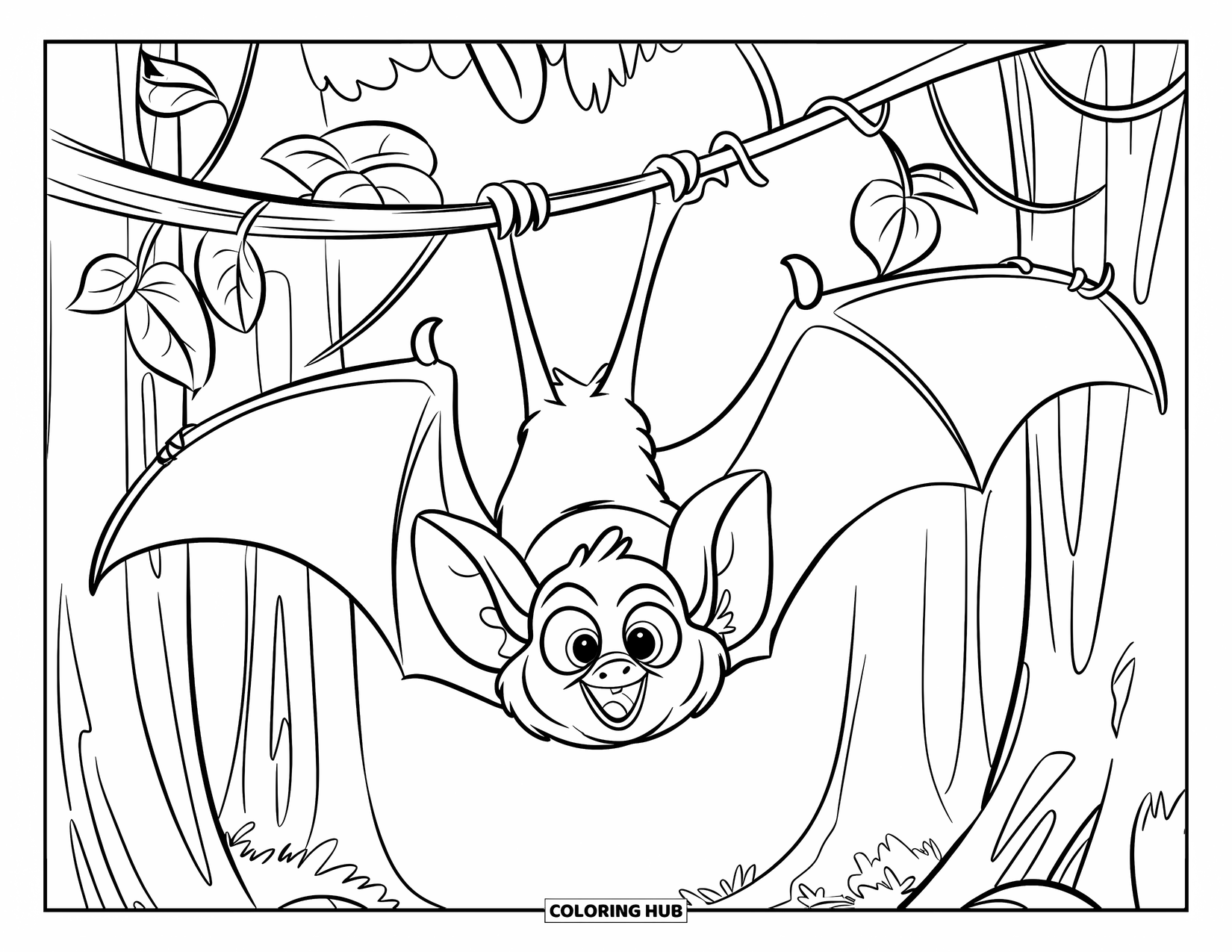 Fledermaus Ausmalbild für Kinder: Eine Fledermaus hängt kopfüber an einem belaubten Ast in einem ruhigen, bewaldeten Gebiet