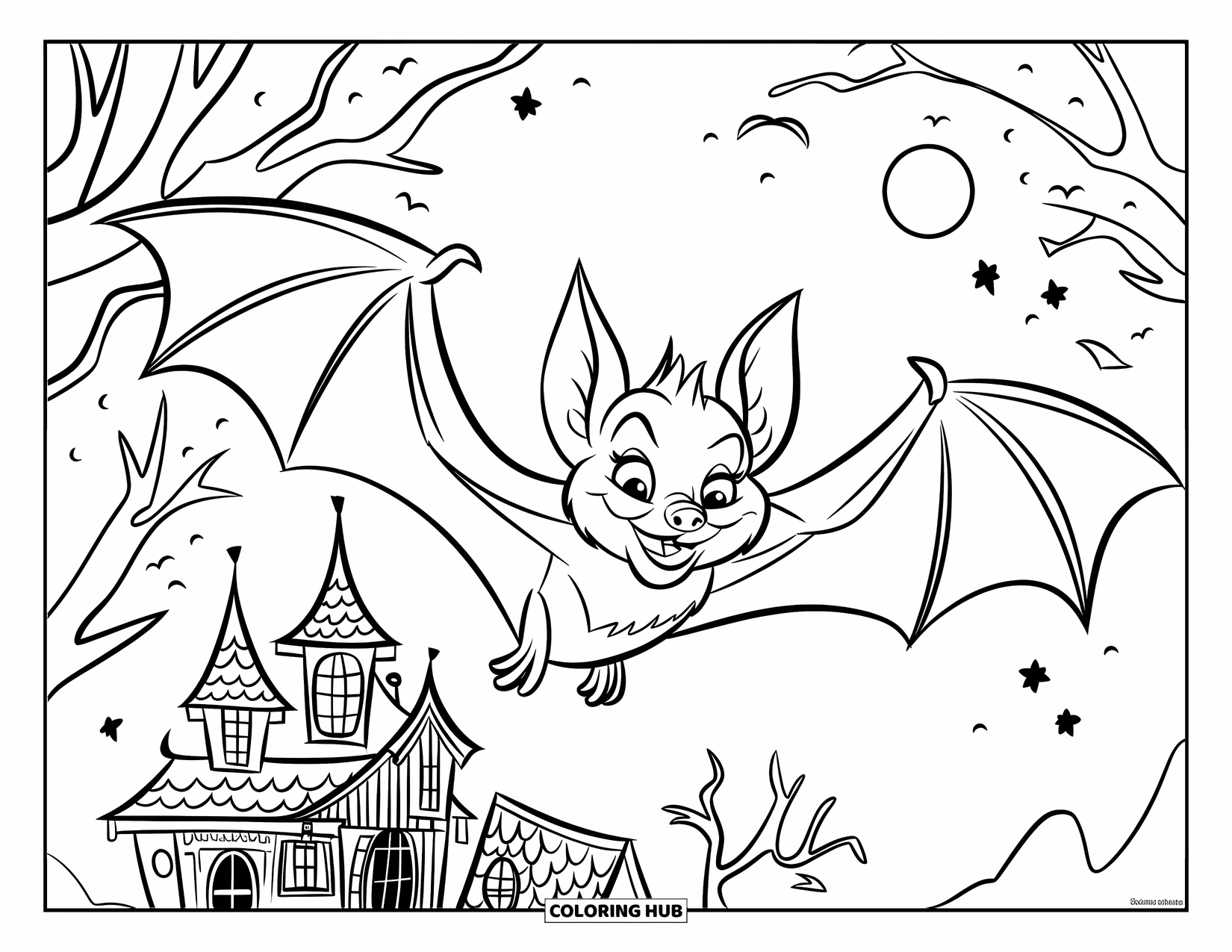 Fledermaus Ausmalbild für Kinder: Eine Fledermaus mit einem Umhang fliegt über ein Spukhaus mit spitzen Dächern und Bäumen