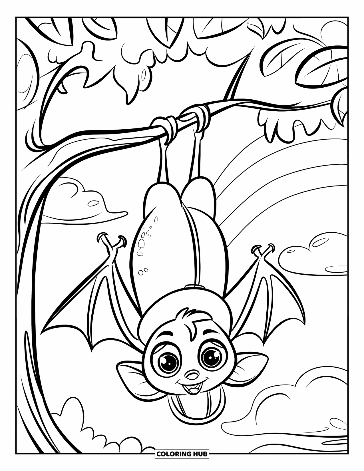 Fledermaus Ausmalbild für Kinder: Eine Fledermaus mit einem kleinen Hut hängt an einem belaubten Ast mit Wolken und einem Regenbogen in der Nähe