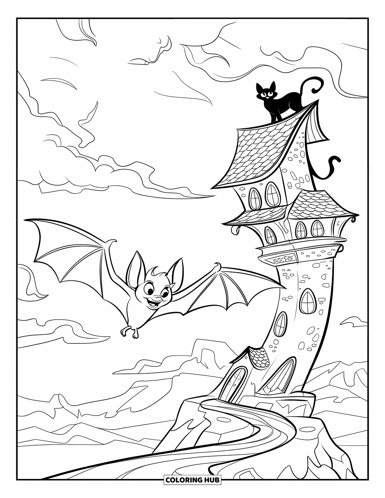 Fledermaus Ausmalbild für Kinder: Eine Fledermaus passiert einen krummen Turm unter stürmischen Wolken und einem felsigen Pfad