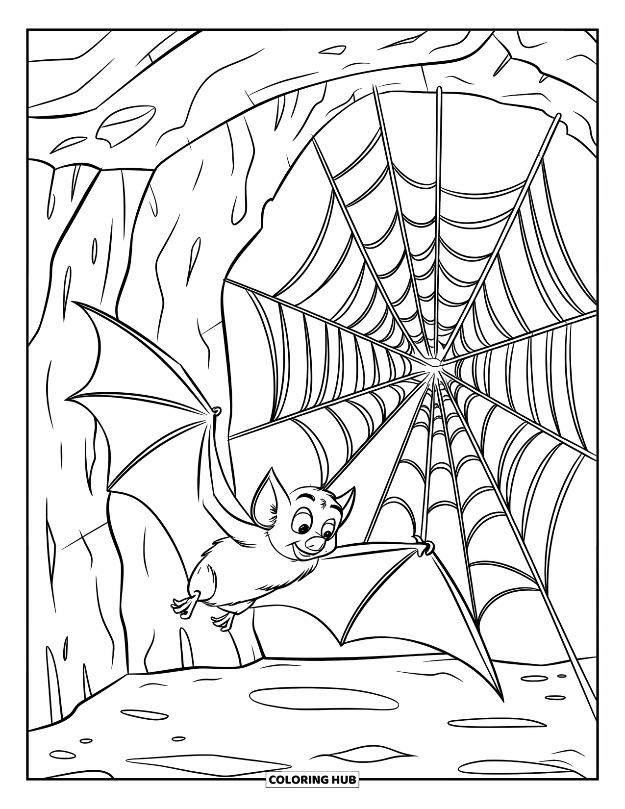 Fledermaus Ausmalbild für Kinder: Eine Fledermaus hockt in der Nähe eines detaillierten Spinnennetzes in einer rauen, schattigen Höhle
