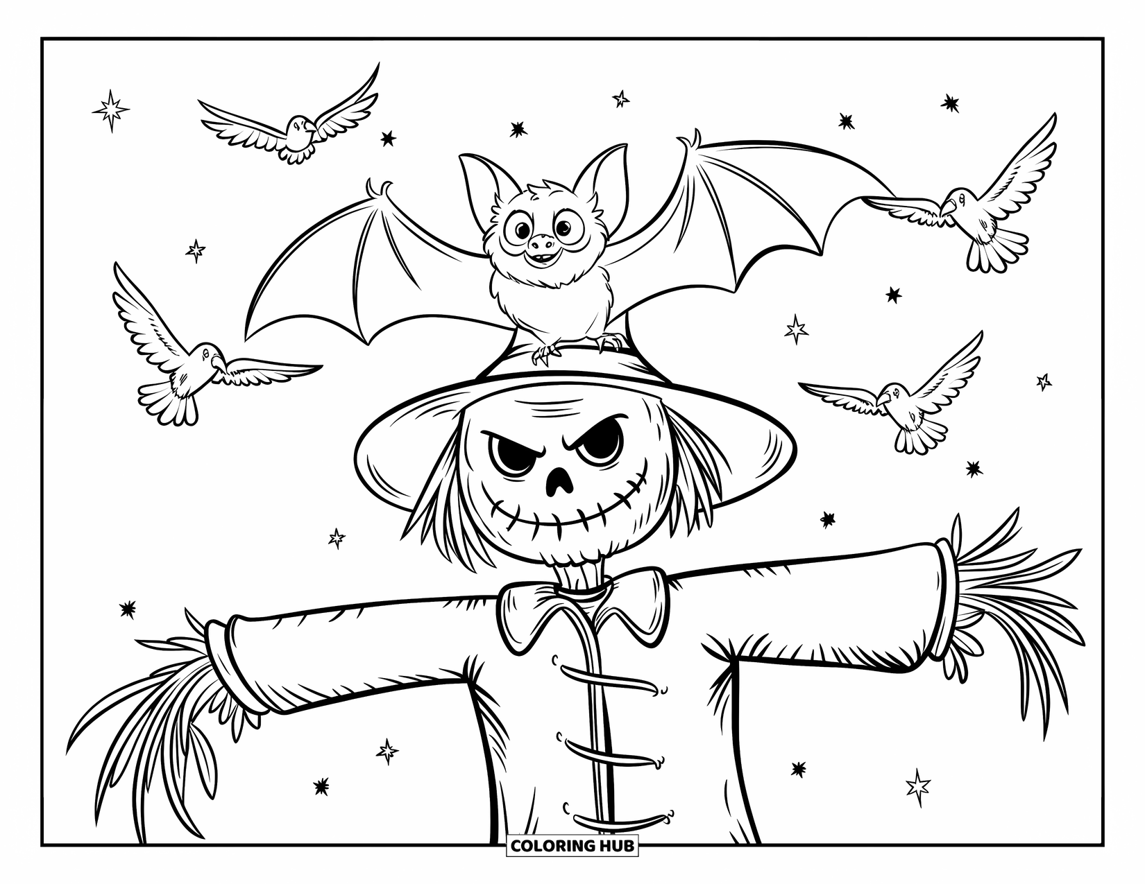 Fledermaus Ausmalbild für Kinder: Eine Fledermaus hockt auf dem Arm einer Vogelscheuche, während Raben am Sternenhimmel kreisen