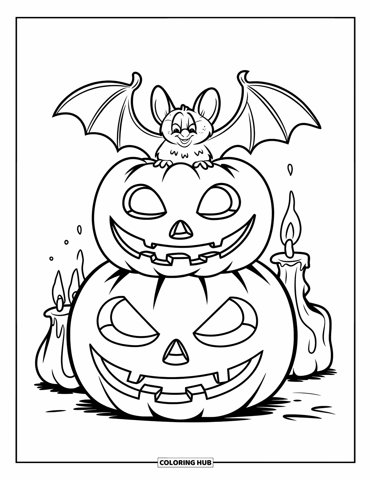 Fledermaus Ausmalbild für Kinder: Eine Fledermaus entspannt sich auf einem Kürbisstapel voller flackerndem Kerzenlicht