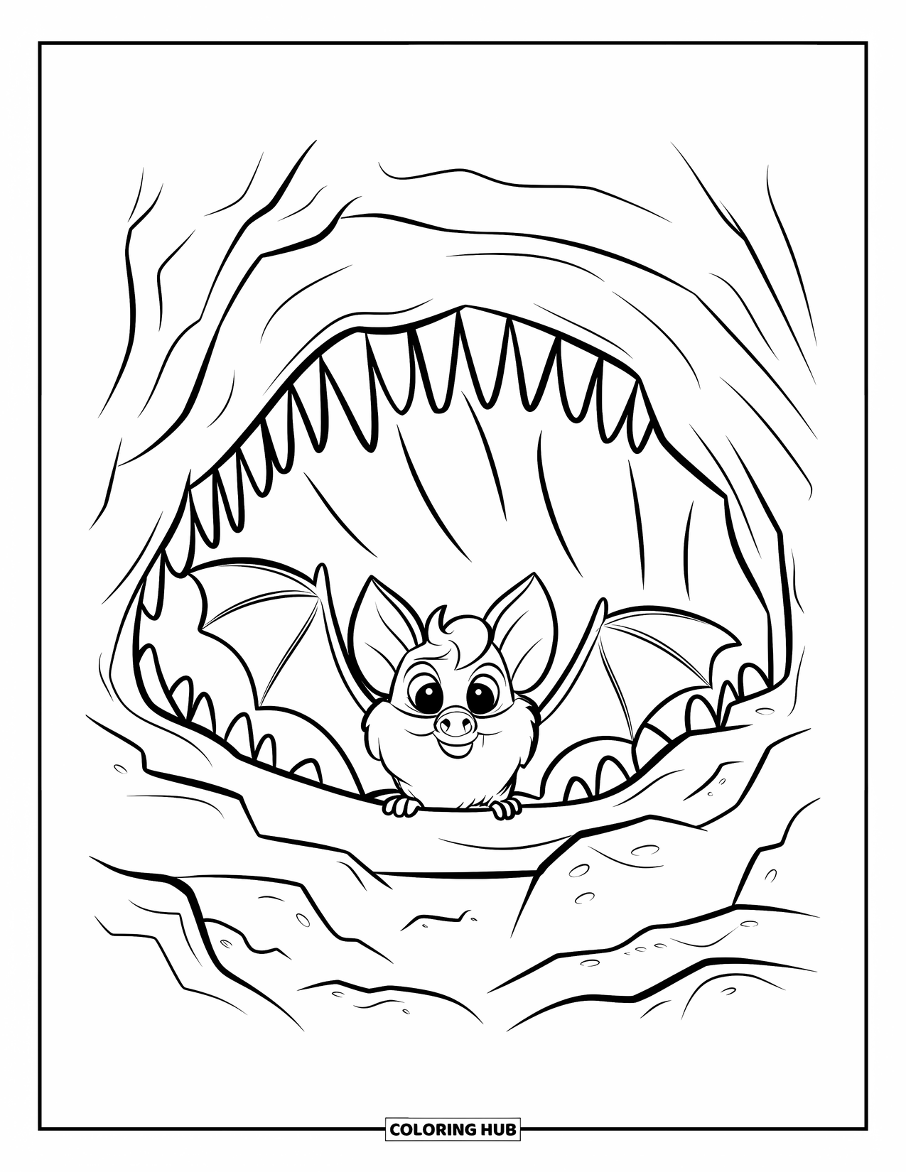 Fledermaus Ausmalbild für Kinder: Eine Fledermaus ruht in einem felsigen Höhleneingang mit scharfen Kanten und dunklen Schatten