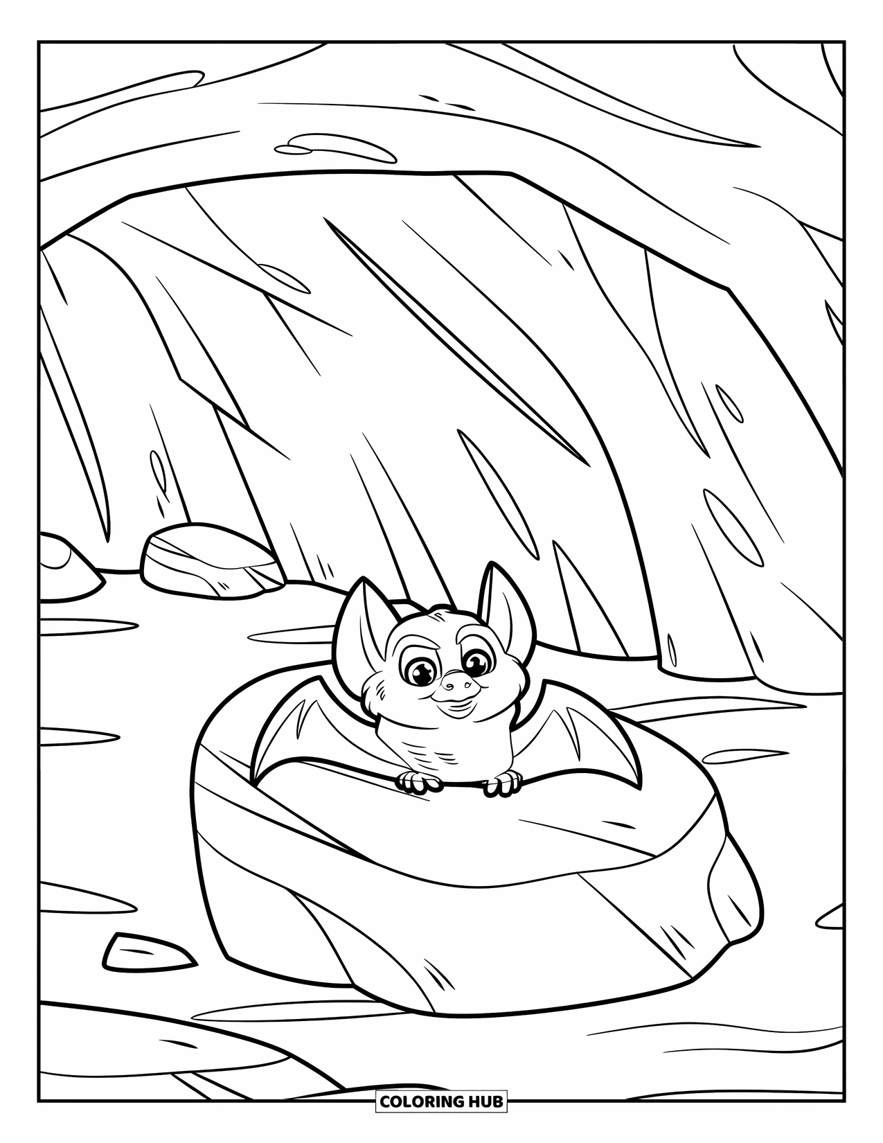 Fledermaus Ausmalbild für Kinder: Eine Fledermaus ruht auf einem großen Felsen in einer ruhigen Höhle mit einem einfachen Layout