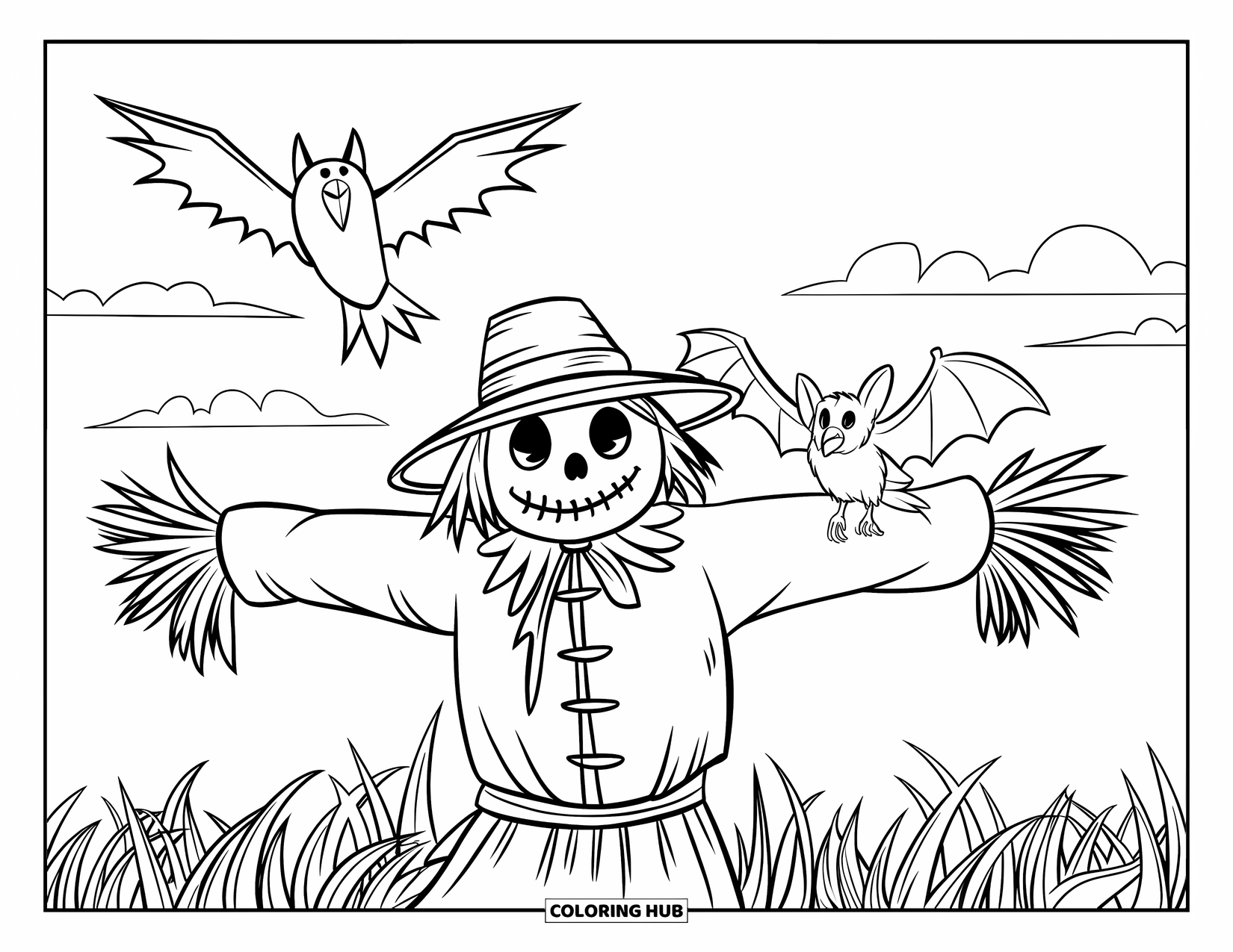 Fledermaus Ausmalbild für Kinder: Eine Fledermaus sitzt auf einer Vogelscheuche, während Raben durch eine bewölkte Nacht fliegen