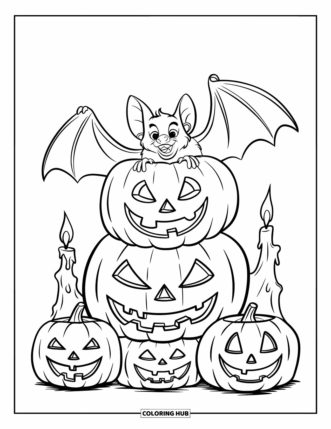 Fledermaus Ausmalbild für Kinder: Eine Fledermaus sitzt ruhig auf Kürbislaternen, die im Dunkeln mit Kerzenlicht leuchten