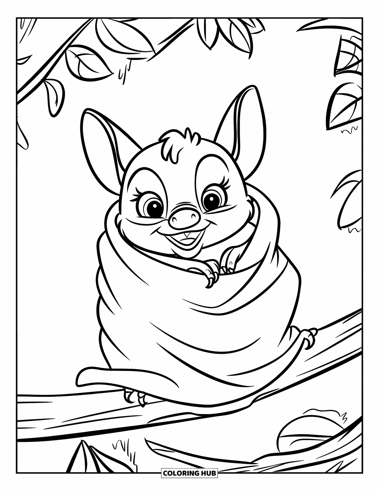 Fledermaus Ausmalbild für Kinder: Eine Fledermaus sitzt in ihre Flügel gehüllt auf einem Ast mit ein paar einfachen Blättern