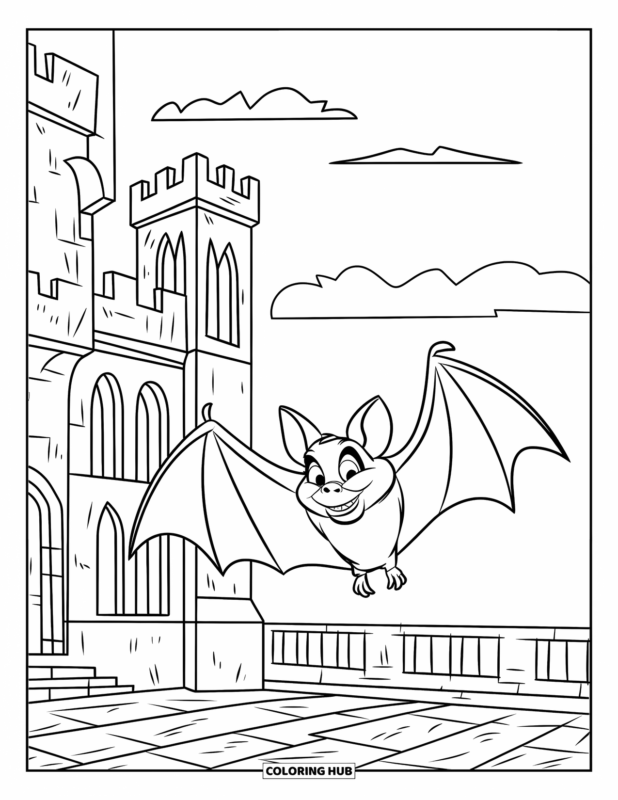 Fledermaus Ausmalbild für Kinder: Eine Fledermaus schwebt über einem gotischen Schloss mit Bögen, Türmen und bewölktem Himmel