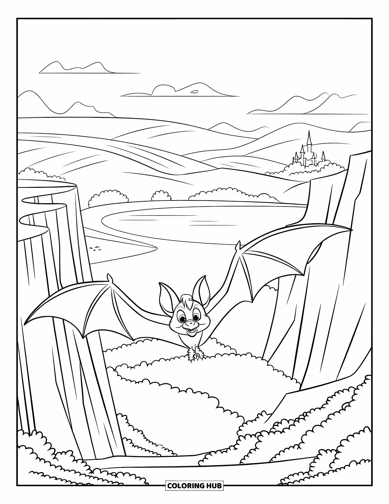 Fledermaus Ausmalbild für Kinder: Eine Fledermaus schwebt in der Nähe von Klippen über Hügeln, einem See und einem fernen Schloss
