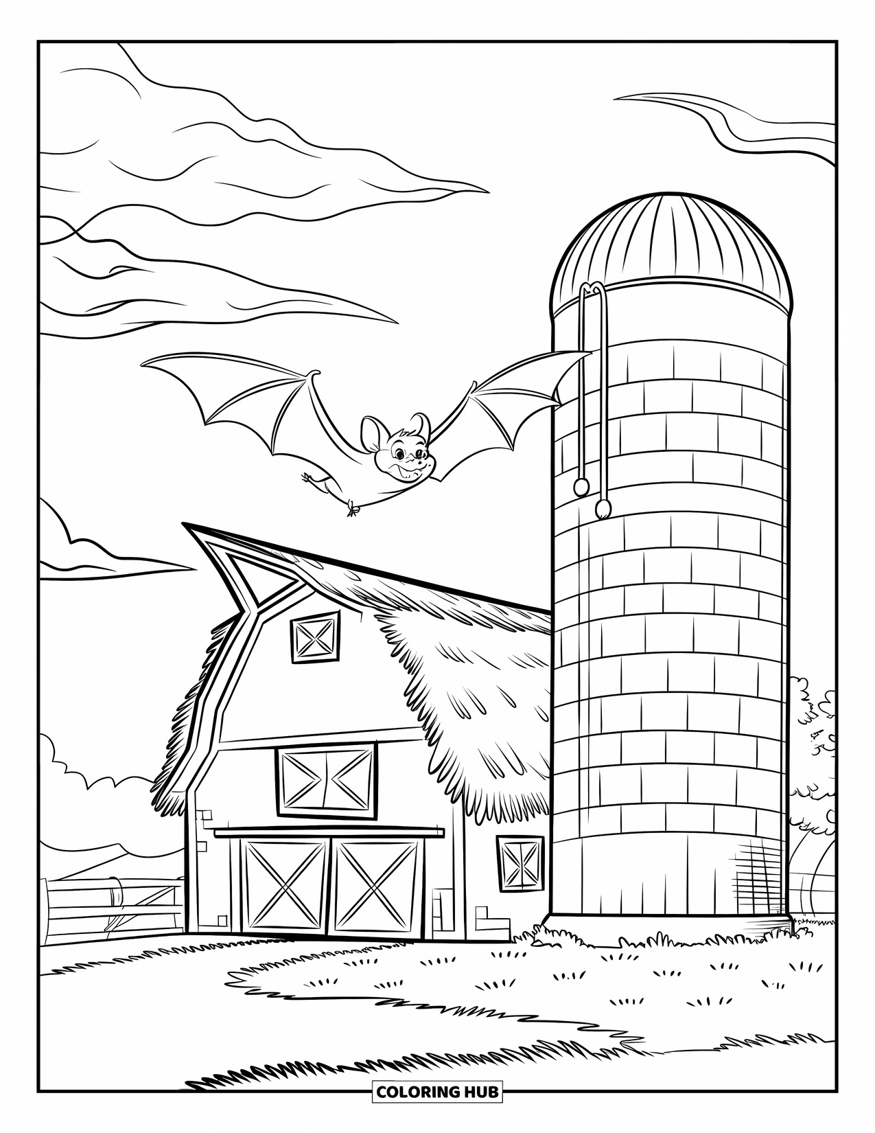 Fledermaus Ausmalbild für Kinder: Eine Fledermaus schwebt an einer strohgedeckten Scheune und einem Ziegelsteinsilo in der Abenddämmerung vorbei