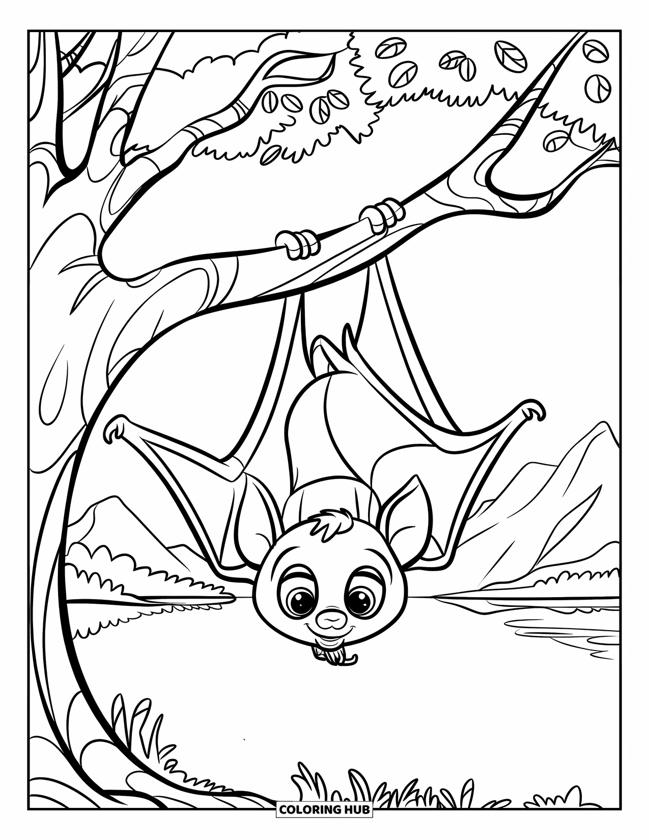 Fledermaus Ausmalbild für Kinder: Eine Fledermaus mit großen Augen und einem Halsband hängt an einem stabilen Baum in der Nähe eines Sees