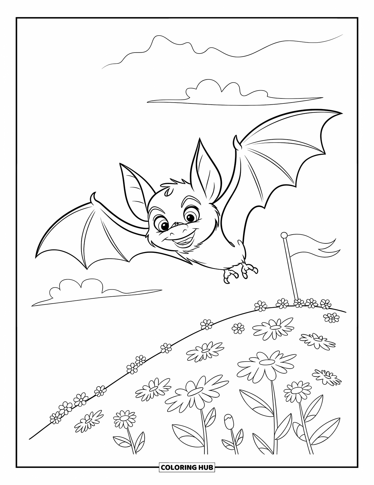 Fledermaus Ausmalbild für Kinder: Eine Fledermaus mit großen Augen und einer Flagge fliegt tief über einem blumenbedeckten Hügel und Himmel