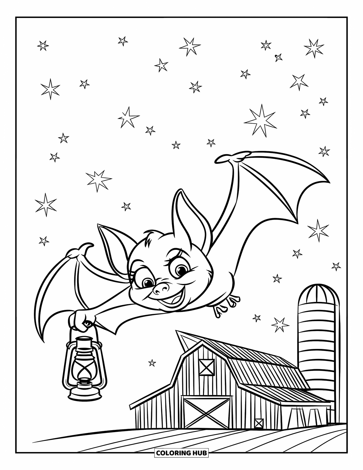 Fledermaus Ausmalbild für Kinder: Eine Fledermaus mit großen Augen trägt eine Laterne an einer Scheune und einem Silo unter Sternen vorbei