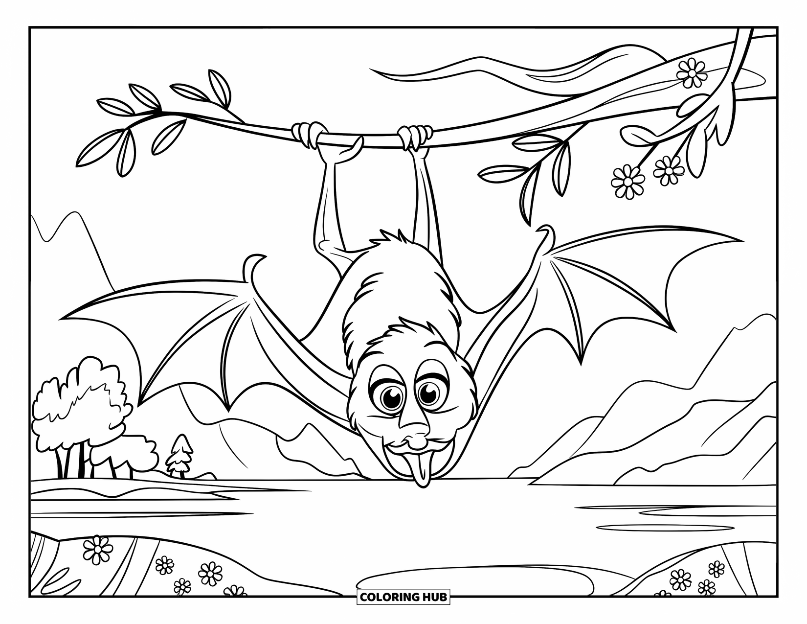 Fledermaus Ausmalbild für Kinder: Eine Fledermaus mit großen Augen schlägt mit den Flügeln, während sie an einem Ast über einer friedlichen Szene hängt