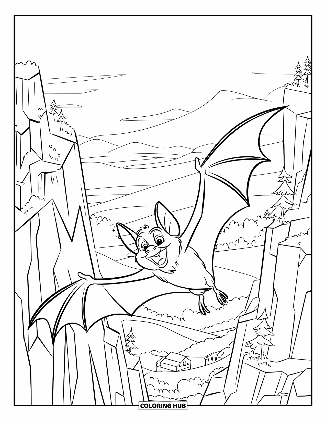 Fledermaus Ausmalbild für Kinder: Eine Fledermaus mit offenem Mund gleitet über Klippen und Grün mit Gebäuden darunter