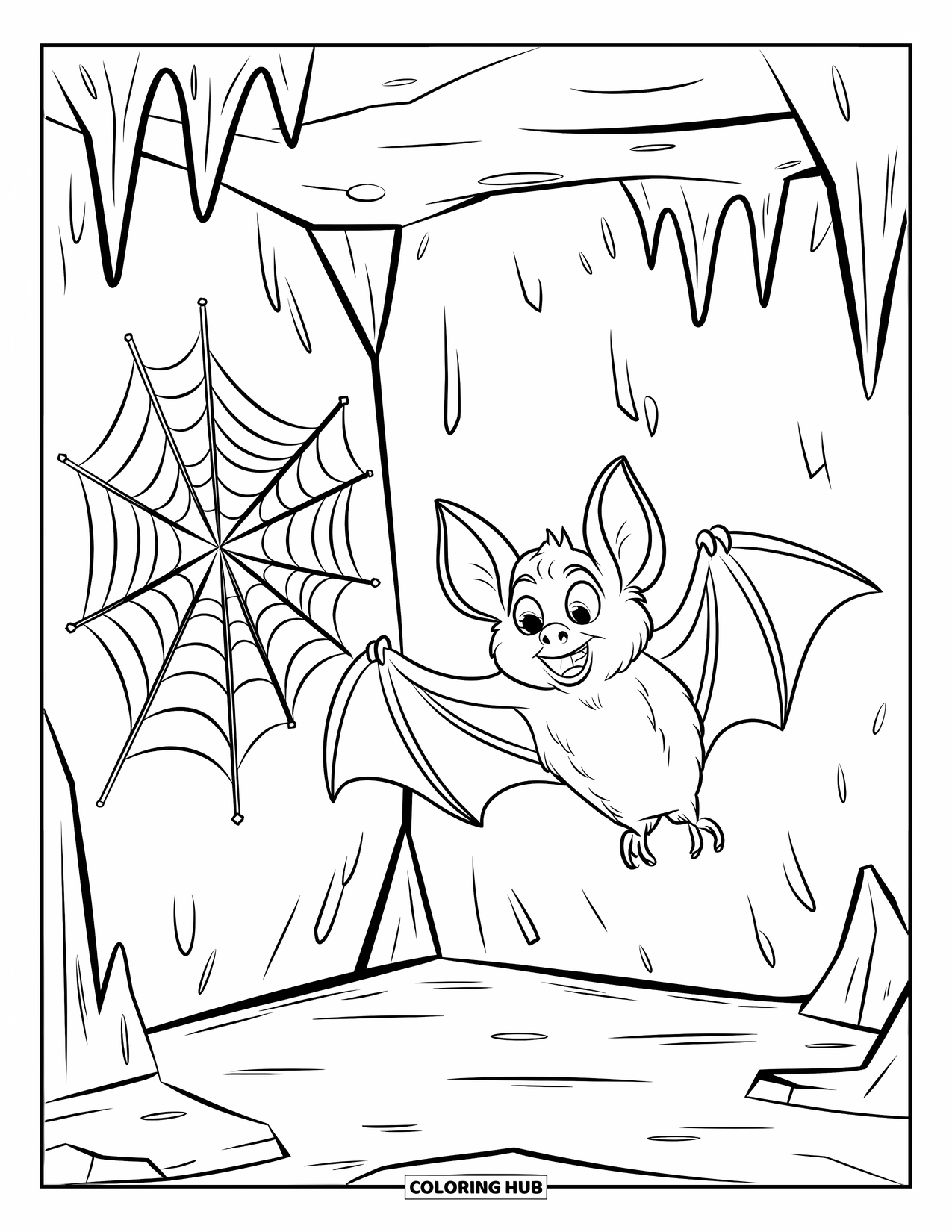 Fledermaus Ausmalbild für Kinder: Eine Fledermaus mit ausgebreiteten Flügeln hängt in der Nähe eines Spinnennetzes in einer felsigen Höhle