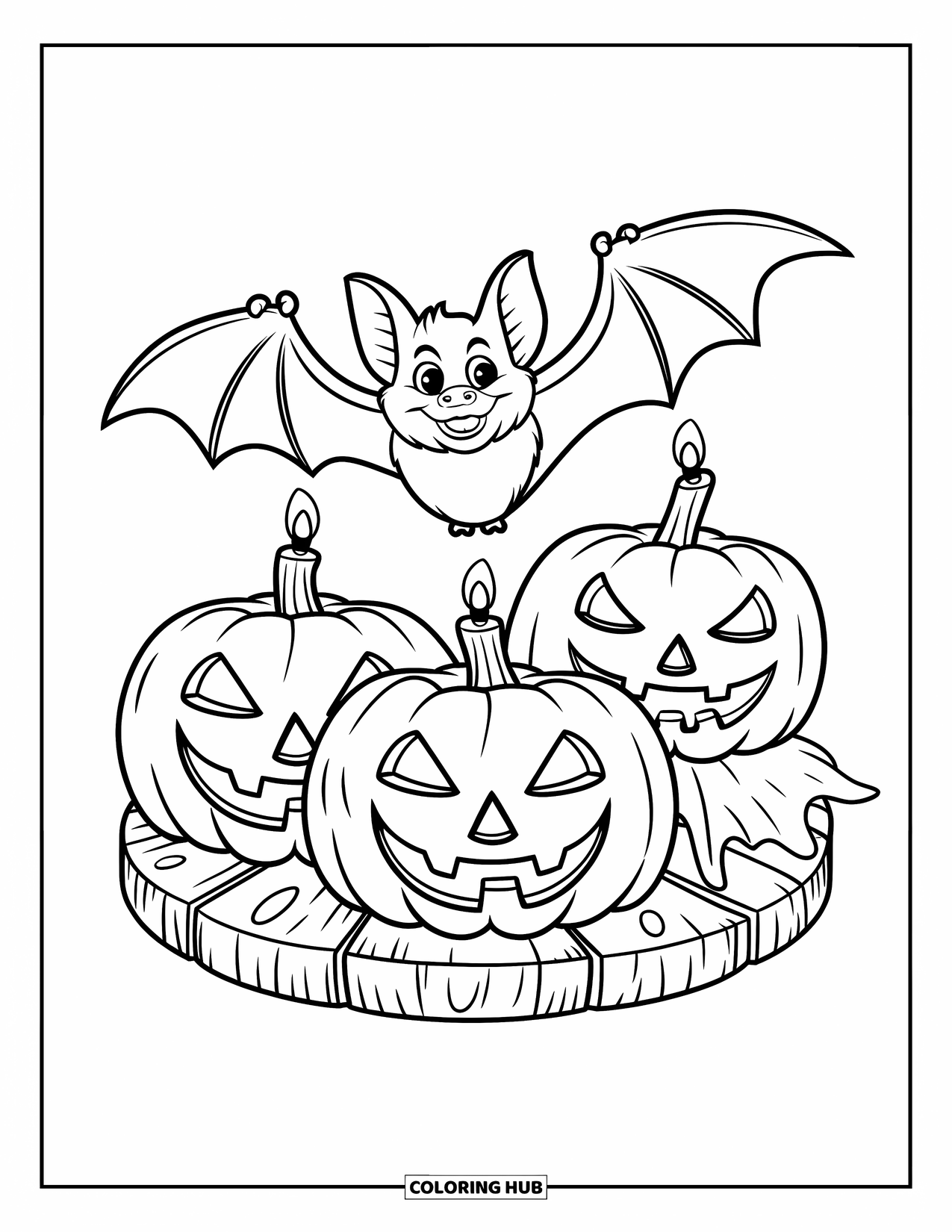 Fledermaus Ausmalbild für Kinder: Eine Fledermaus mit breiten Flügeln ist von Kürbislaternen auf einem Holzsockel umgeben