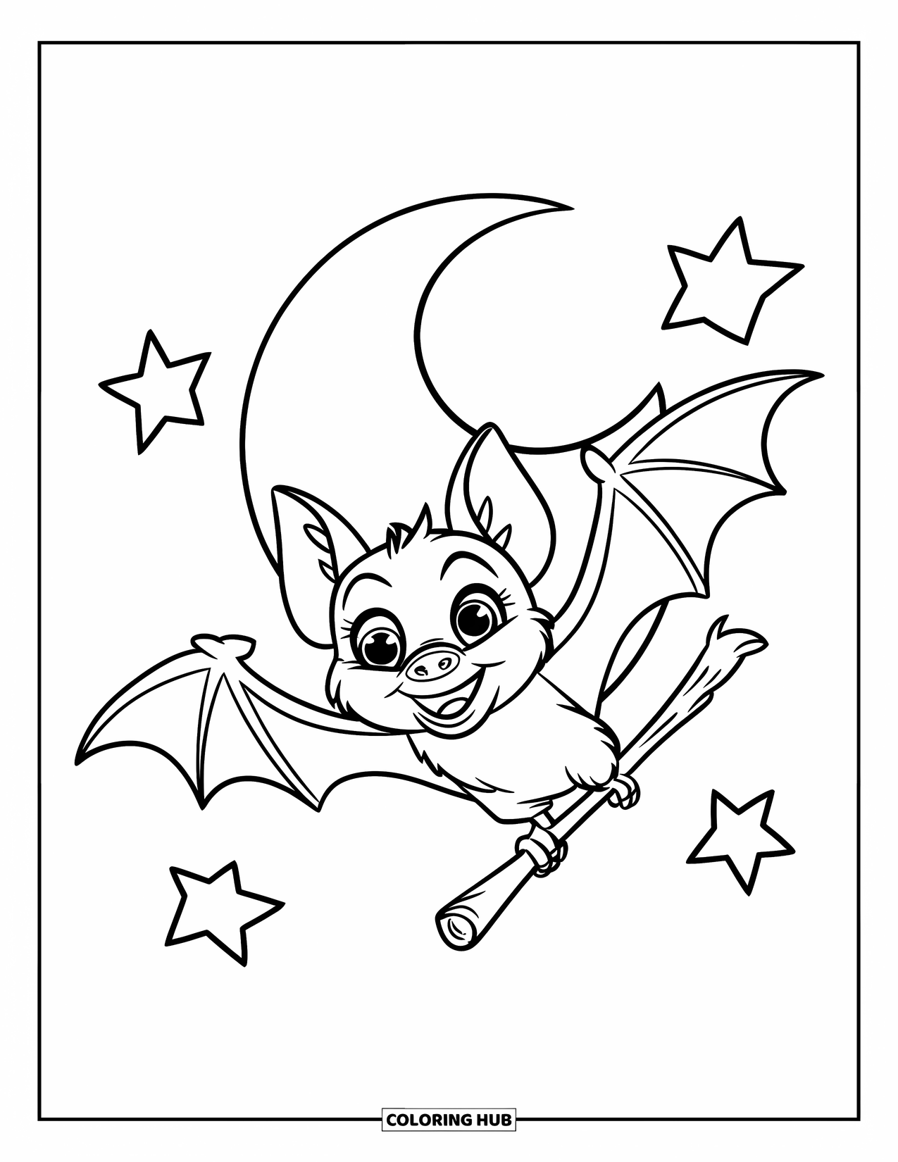 Fledermaus Ausmalbild für Kinder: Eine fröhliche Fledermaus, die einen Stock hält, fliegt über einen einfachen Himmel mit Sternen und Mond