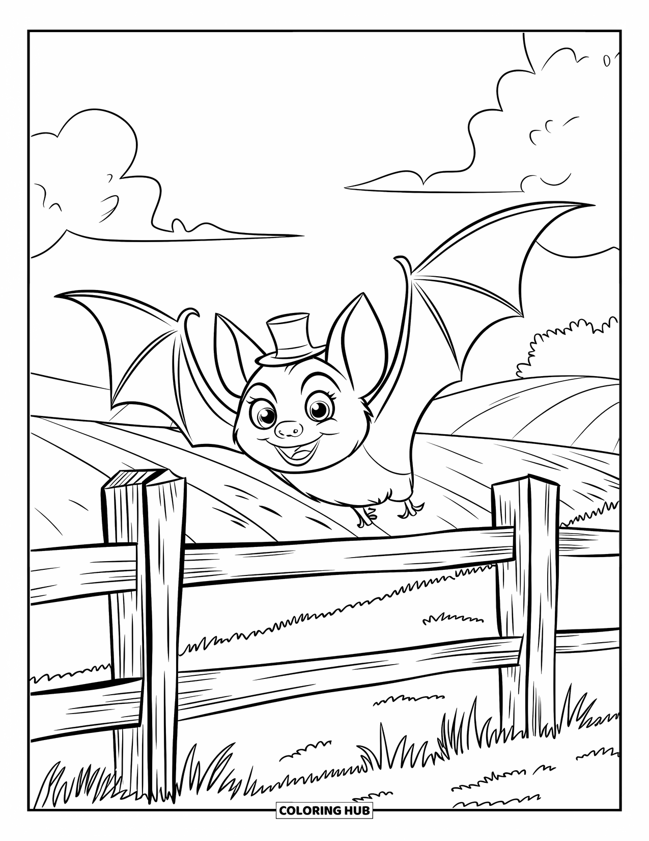 Fledermaus Ausmalbild für Kinder: Eine fröhliche Fledermaus mit Zylinder gleitet über einen Landzaun und Hügel