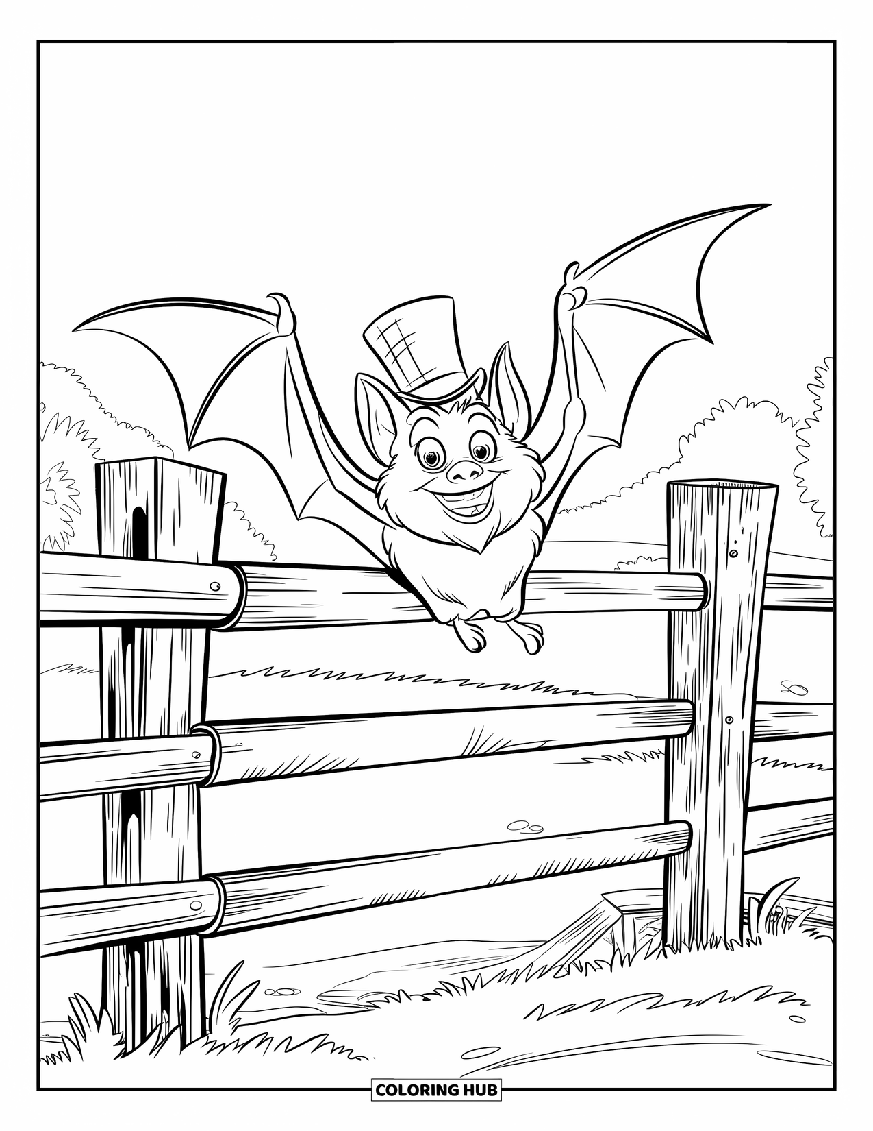 Fledermaus Ausmalbild für Kinder: Eine grinsende Fledermaus mit Zylinder gleitet über einen rustikalen Zaun und ein entferntes Gebäude