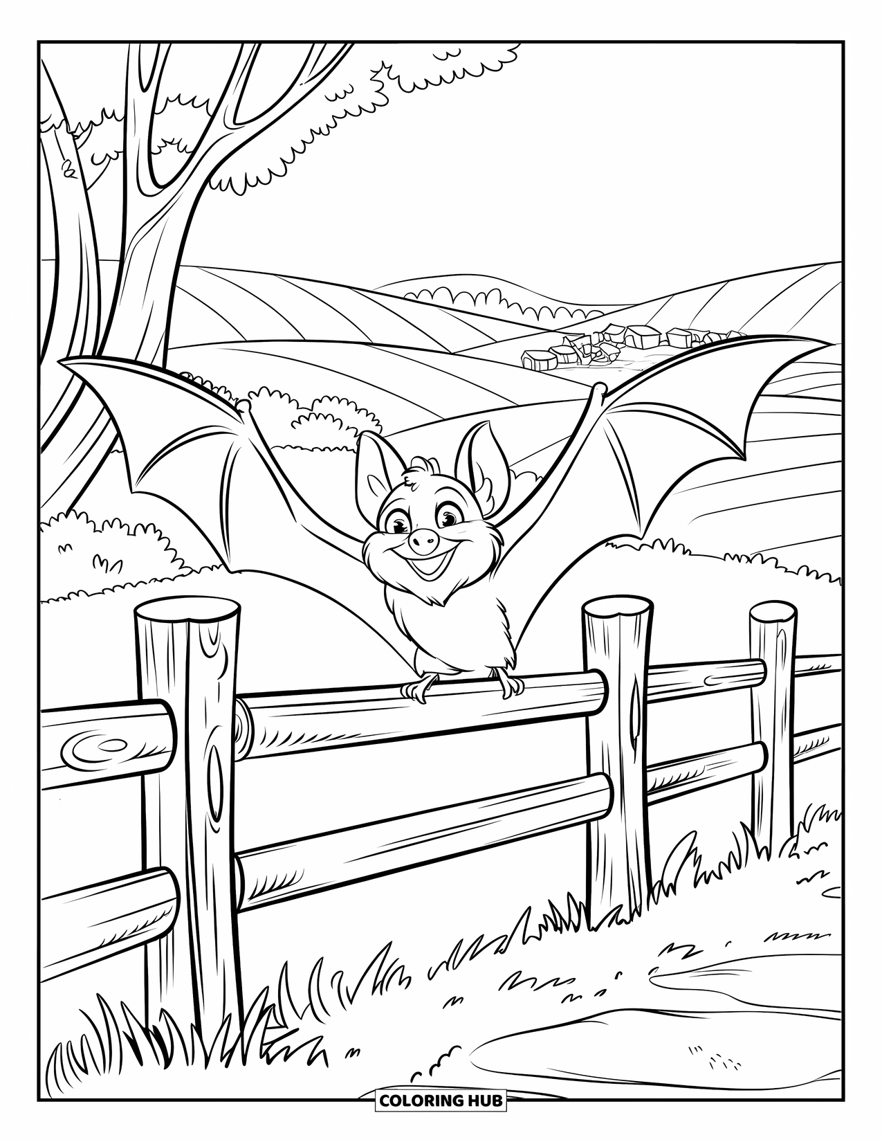 Fledermaus Ausmalbild für Kinder: Eine fröhliche Fledermaus gleitet über einen Holzzaun mit Bäumen und einem fernen Dorf