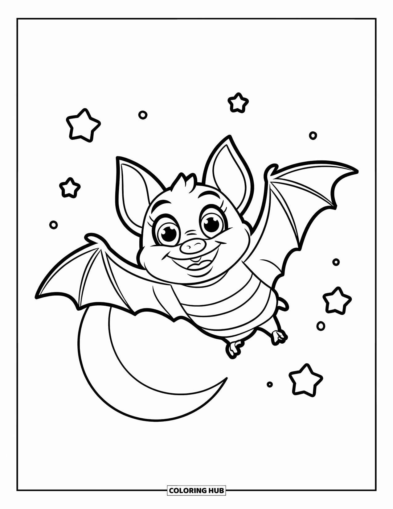 Fledermaus Ausmalbild für Kinder: Eine verspielte Fledermaus in einem gestreiften Hemd fliegt nachts am Mond und den Sternen vorbei