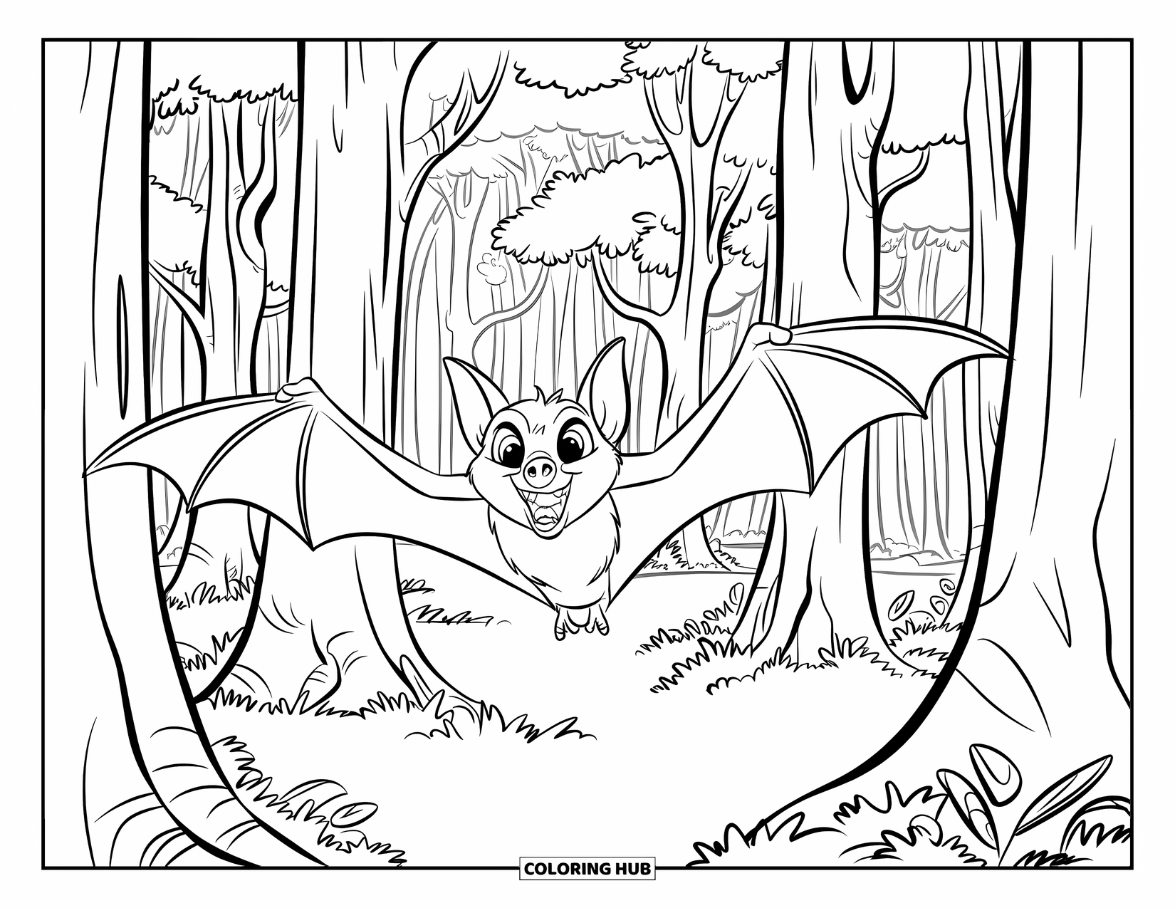 Fledermaus Ausmalbild für Kinder: Eine scharfzahnige Fledermaus fliegt durch dichte Bäume und einen belaubten Waldboden