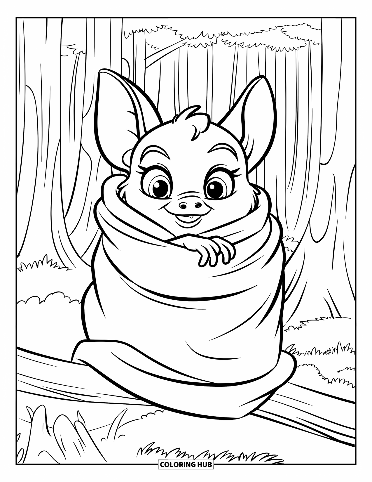 Fledermaus Ausmalbild für Kinder: Eine kleine Fledermaus wickelt sich in ihre Flügel, während sie auf einem Ast im Wald sitzt