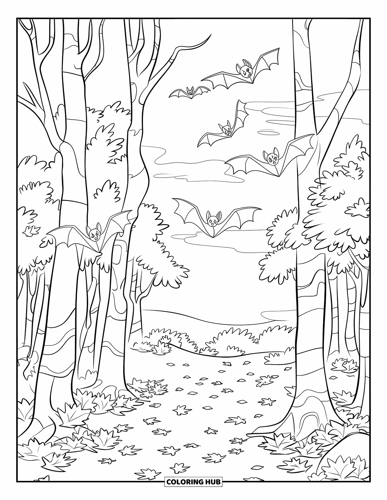 Fledermaus Ausmalbild für Kinder: Fledermäuse gleiten durch hohe Herbstbäume in einem friedlichen Wald mit fallenden Blättern