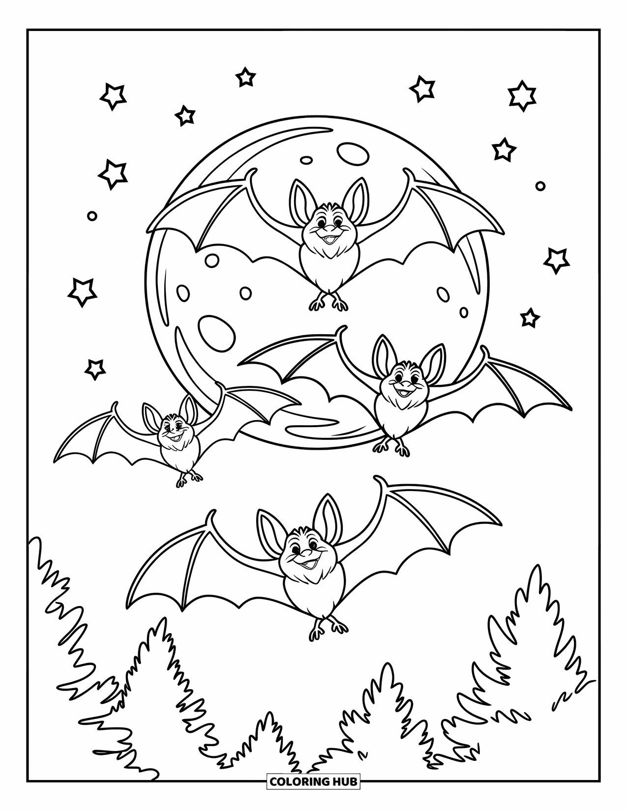 Fledermaus Ausmalbild für Kinder: Drei Fledermäuse fliegen über einen großen Vollmond mit Bäumen darunter
