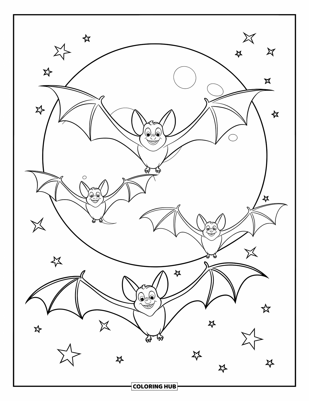 Fledermaus Ausmalbild für Kinder: Drei Fledermäuse gleiten in einer sternenklaren Nacht vor einem leuchtenden Mond