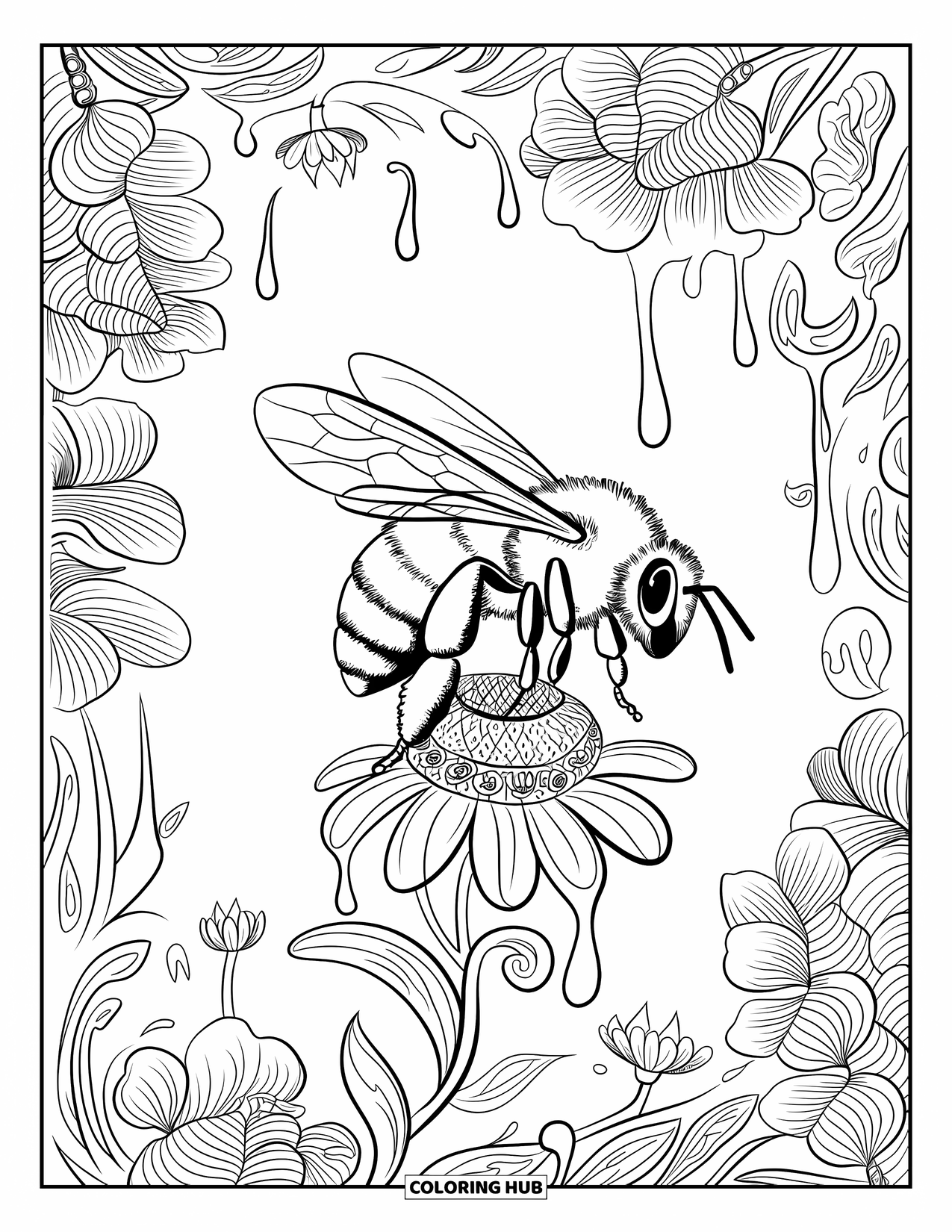 Bee Coloring Page for Adults: A bee flies over a flower surrounded by swirling greenery and dripping honey