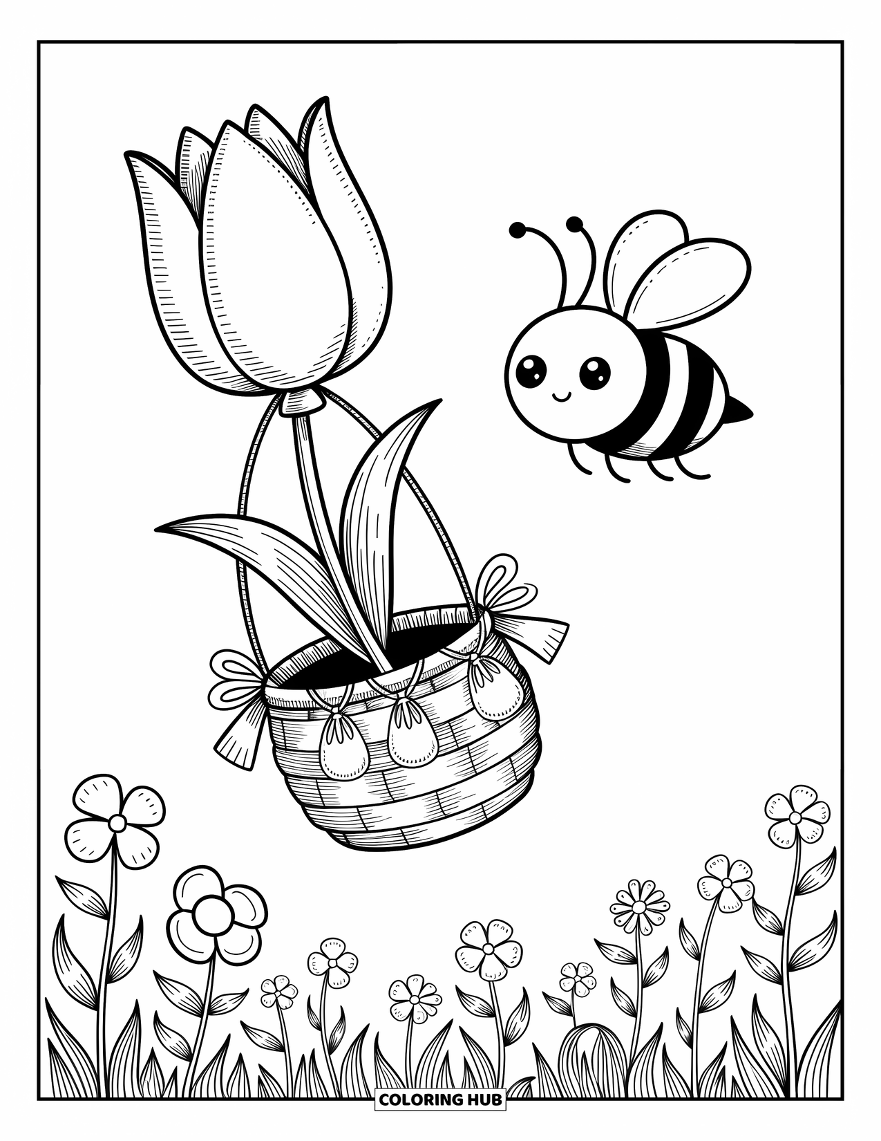 Bee Coloring Page for Adults: A bee floats above wildflowers in a tulip-shaped balloon with nectar pouches and ribbon