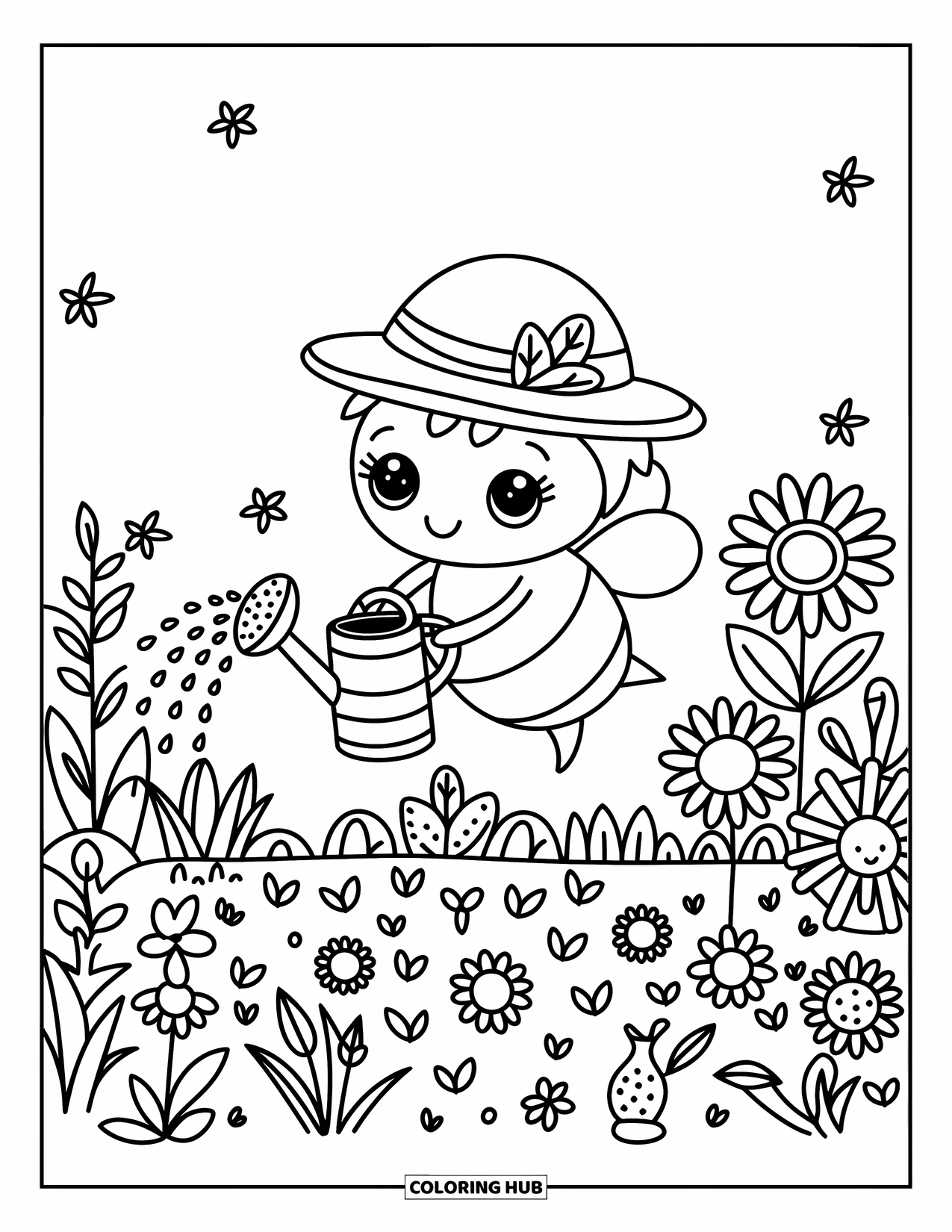 Bee Coloring Page for Adults: A bee in a leaf hat waters sunflowers with a twig rake and seed pod tools nearby