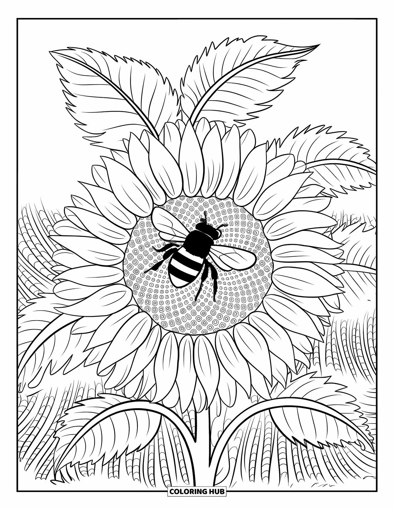 Bee Coloring Page for Adults: A bee rests on a detailed sunflower surrounded by leafy textures and patterns
