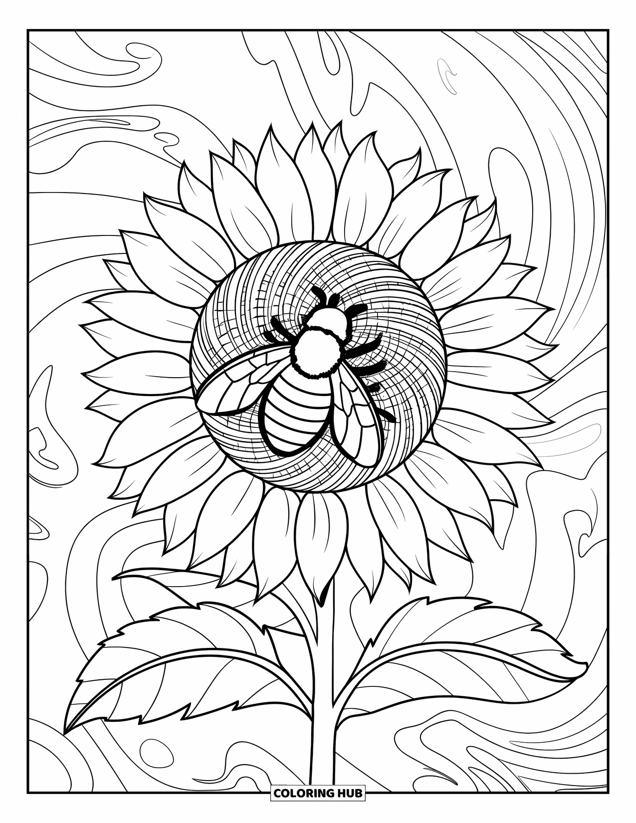 Bee Coloring Page for Adults: A bee rests on a patterned sunflower with swirling shapes and leaf details