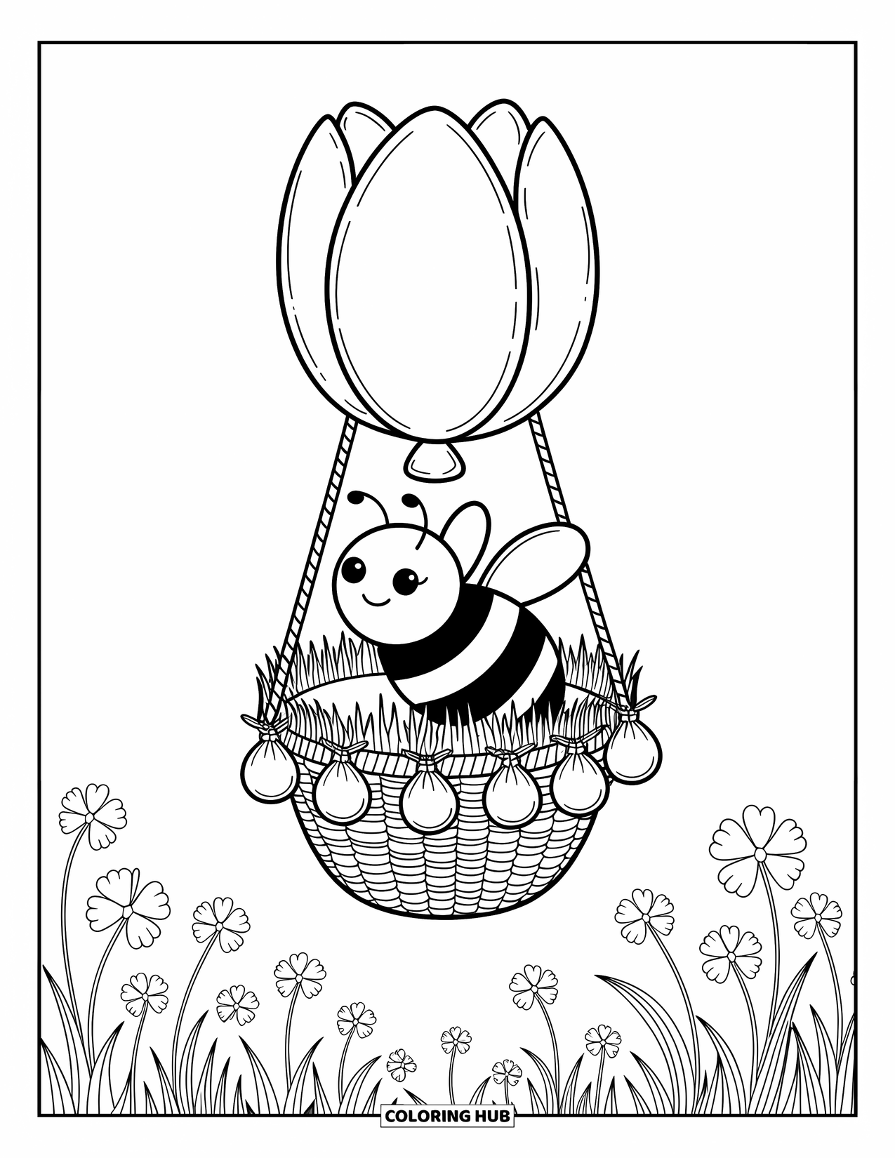 Bee Coloring Page for Adults: A bee soars in a flower balloon above a field of wildflowers and playful tiny details