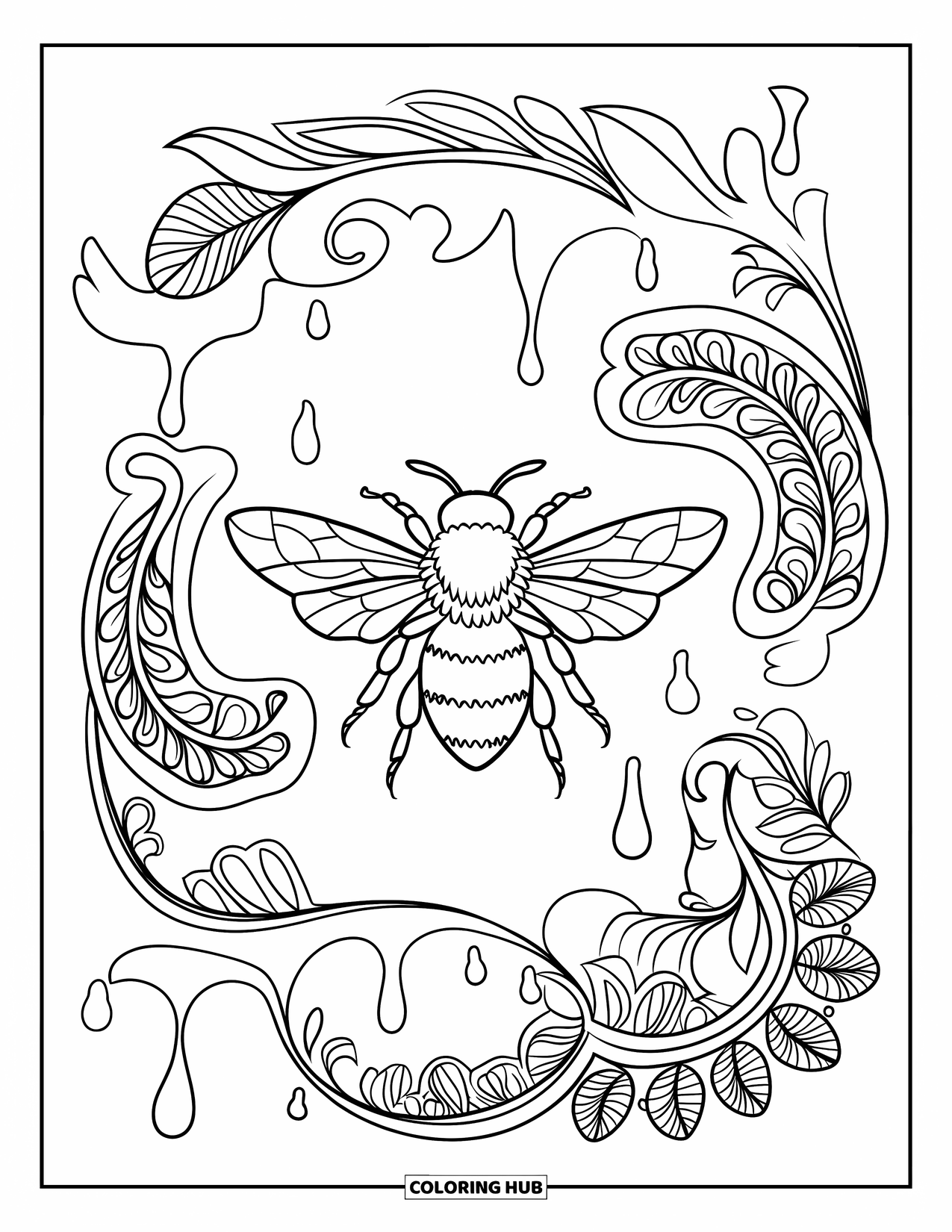Bee Coloring Page for Adults: A bee surrounded by swirls, honey drips, and leaves in a playful border design