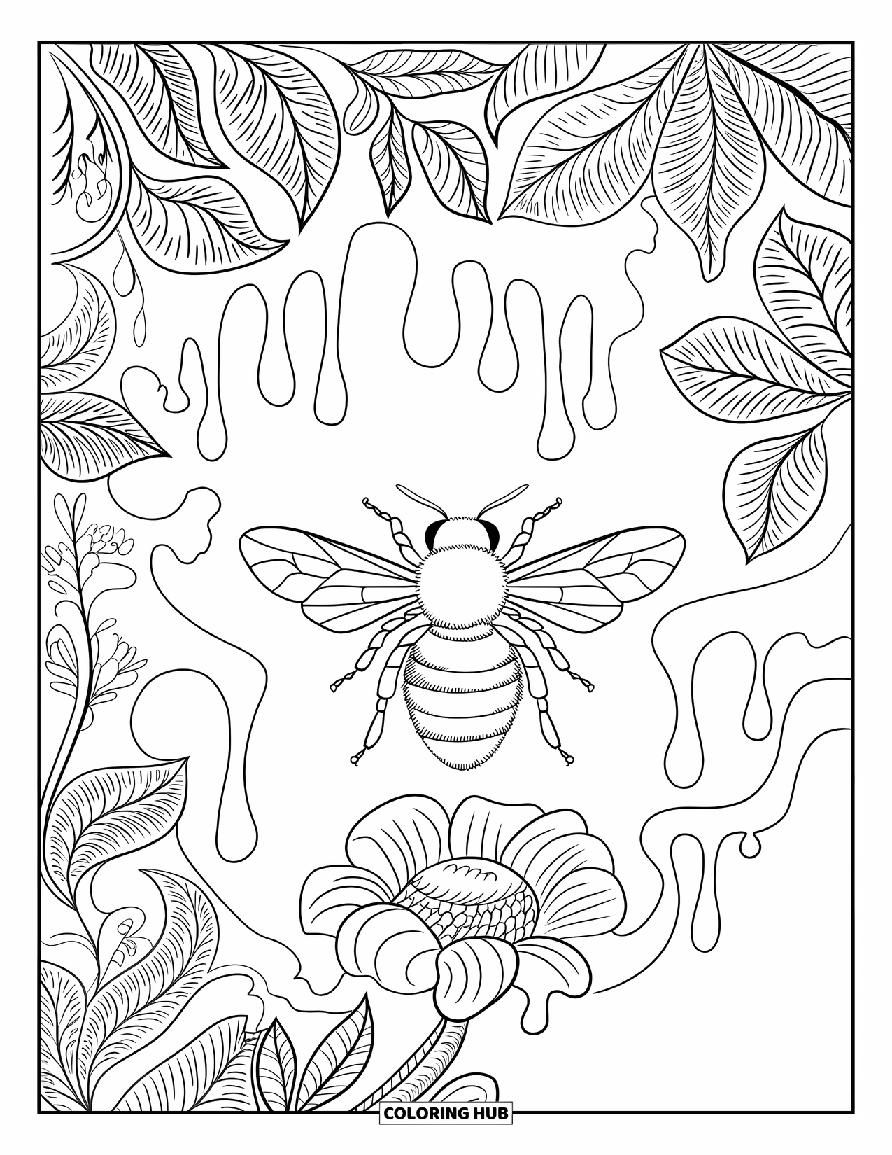 Bee Coloring Page for Adults: A buzzing bee with swirly flowers and honey drops in a pretty, patterned scene