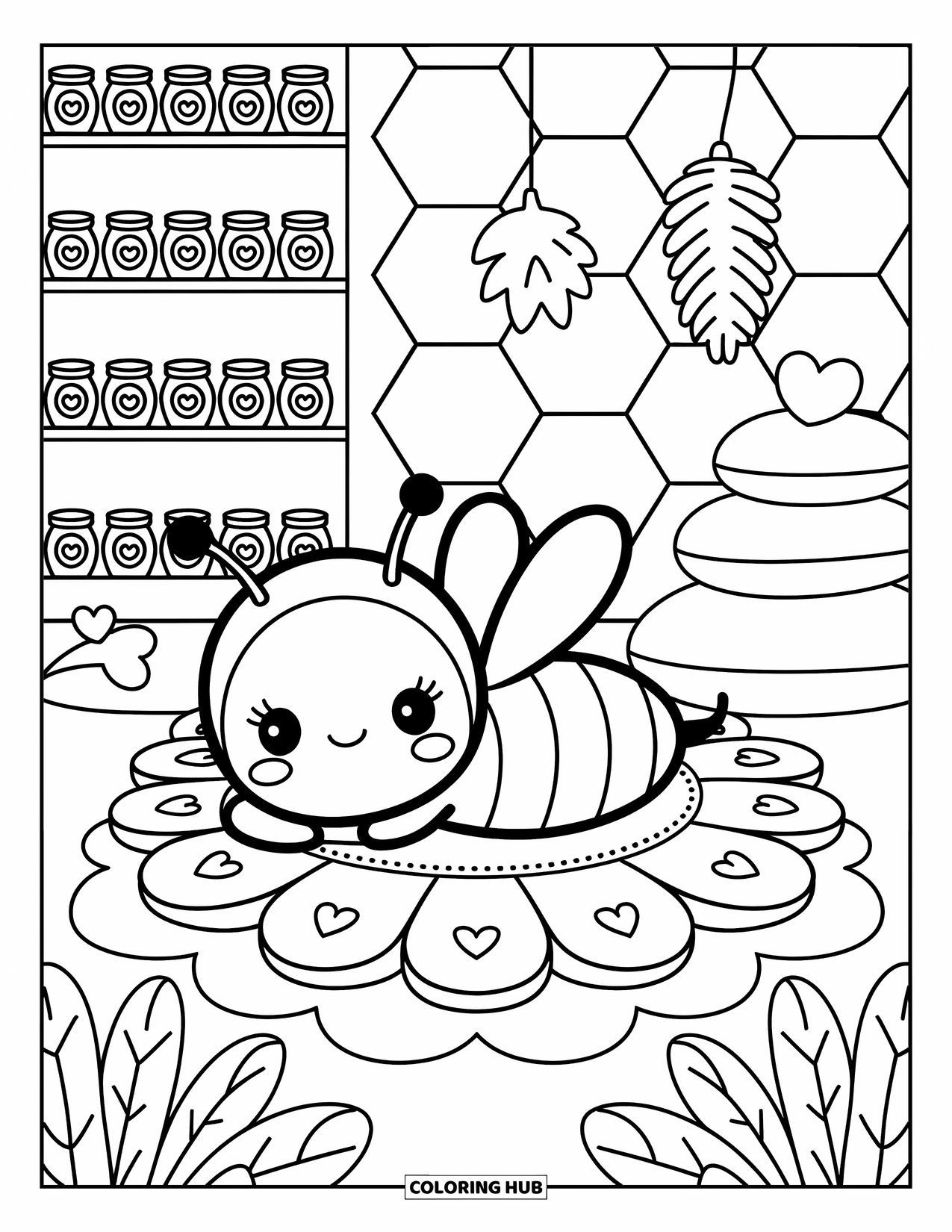 Bee Coloring Page for Adults: A cozy bee naps in a honeycomb room on a petal bed with tiny heart blankets